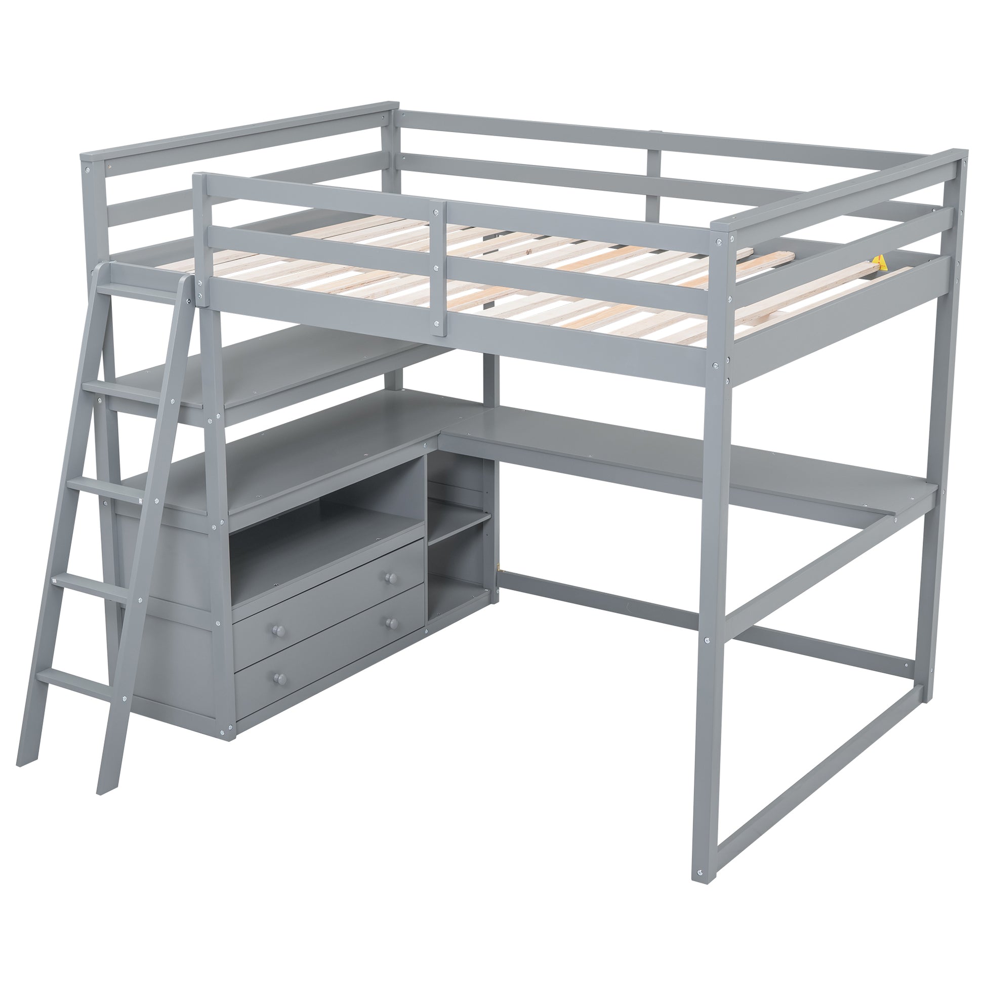 Full Size Loft Bed With Desk And Shelves,Two Built In Drawers,Gray Old Sku: Gx000416Aae Box Spring Not Required Full Gray Wood Bedroom Pine