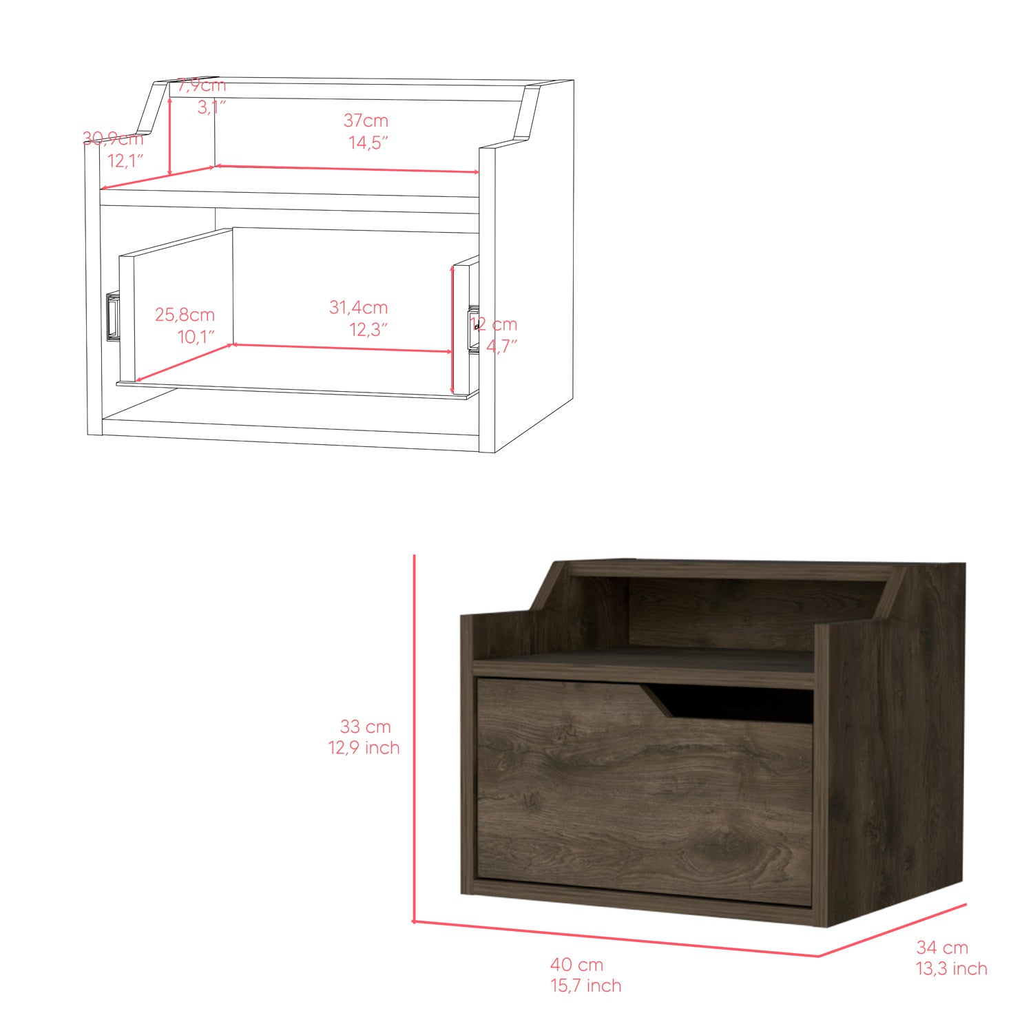 Floating Nightstand Chester, Bedroom, Dark Brown Dark Brown Particle Board Engineered Wood