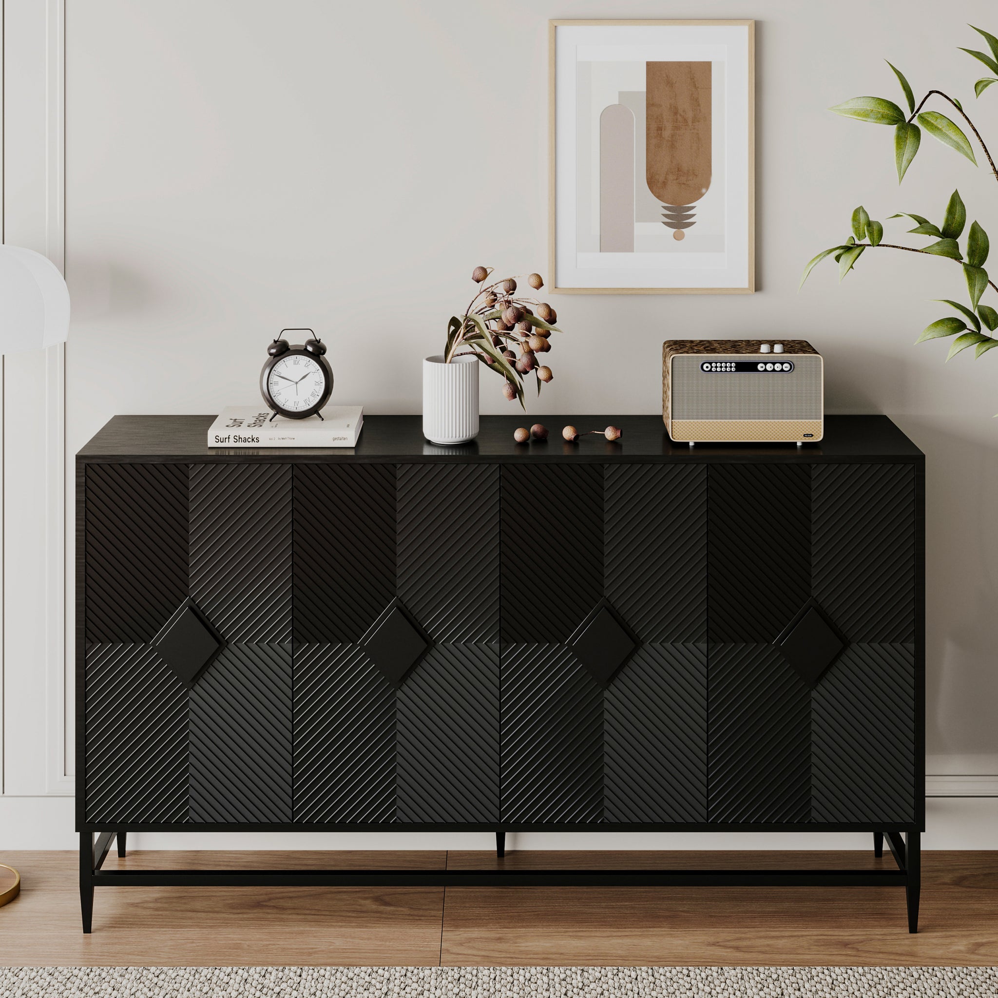 Accent Black Lacquered 4 Door Wooden Cabinet Sideboard Buffet Server Cabinet Storage Cabinet, For Living Room, Entryway, Hallway, Office, Kitchen And Dining Room Matte Matte Black Adjustable Shelves Mdf Steel