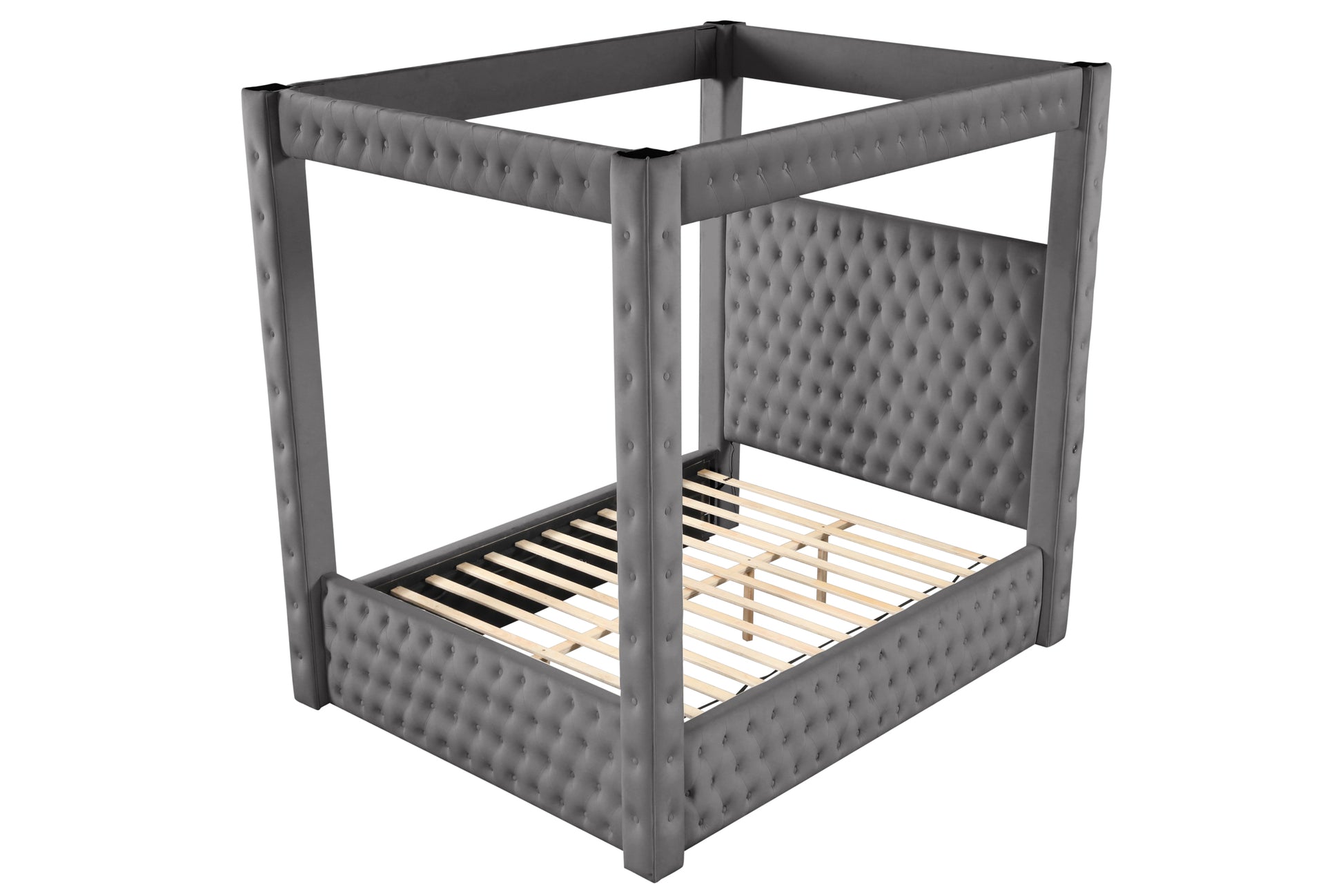 Monica Luxurious Four Poster Queen Bed Made With Wood In Gray Box Spring Not Required Queen Gray Wood Bedroom Modern Upholstered Velvet Wood
