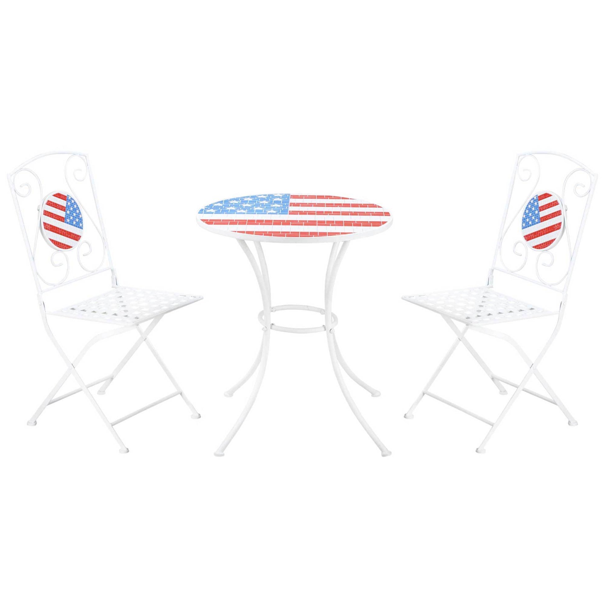 3 Piece Patio Bistro Set, Folding Outdoor Furniture With Usa Mosaic Table And Chairs, Portable Metal Frames For 4Th Of July, Balcony, Backyard, Poolside, Porch, American Flag White Metal