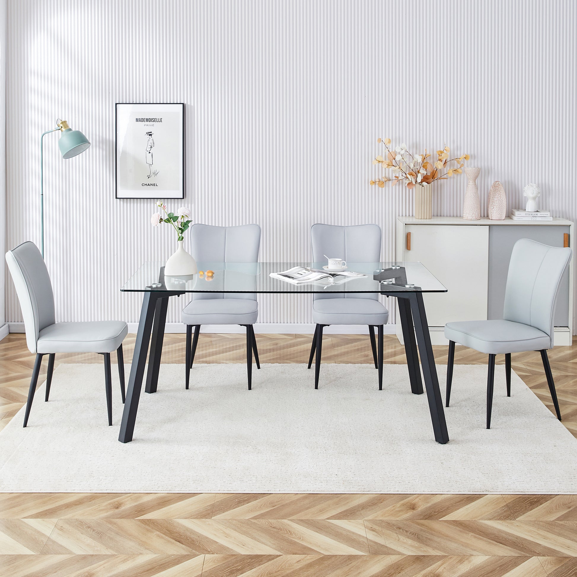 Table And Chair Set. 1 Table And 4 Light Grey Chairs. Glass Dining Table With 0.31 Inch Tempered Glass Tabletop And Black Coated Metal Legs. Equipped With Light Grey Pu Chairs 1123 008 Transparent Glass