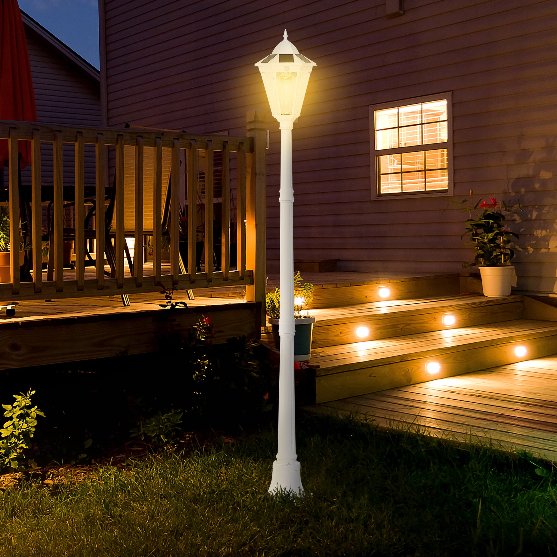 77" Solar Lamp Post Light, Waterproof Aluminum Outdoor Vintage Street Lamp, Motion Activated Sensor Pir, Adjustable Brightness, For Garden, Lawn, Pathway, Driveway, White Brown Metal