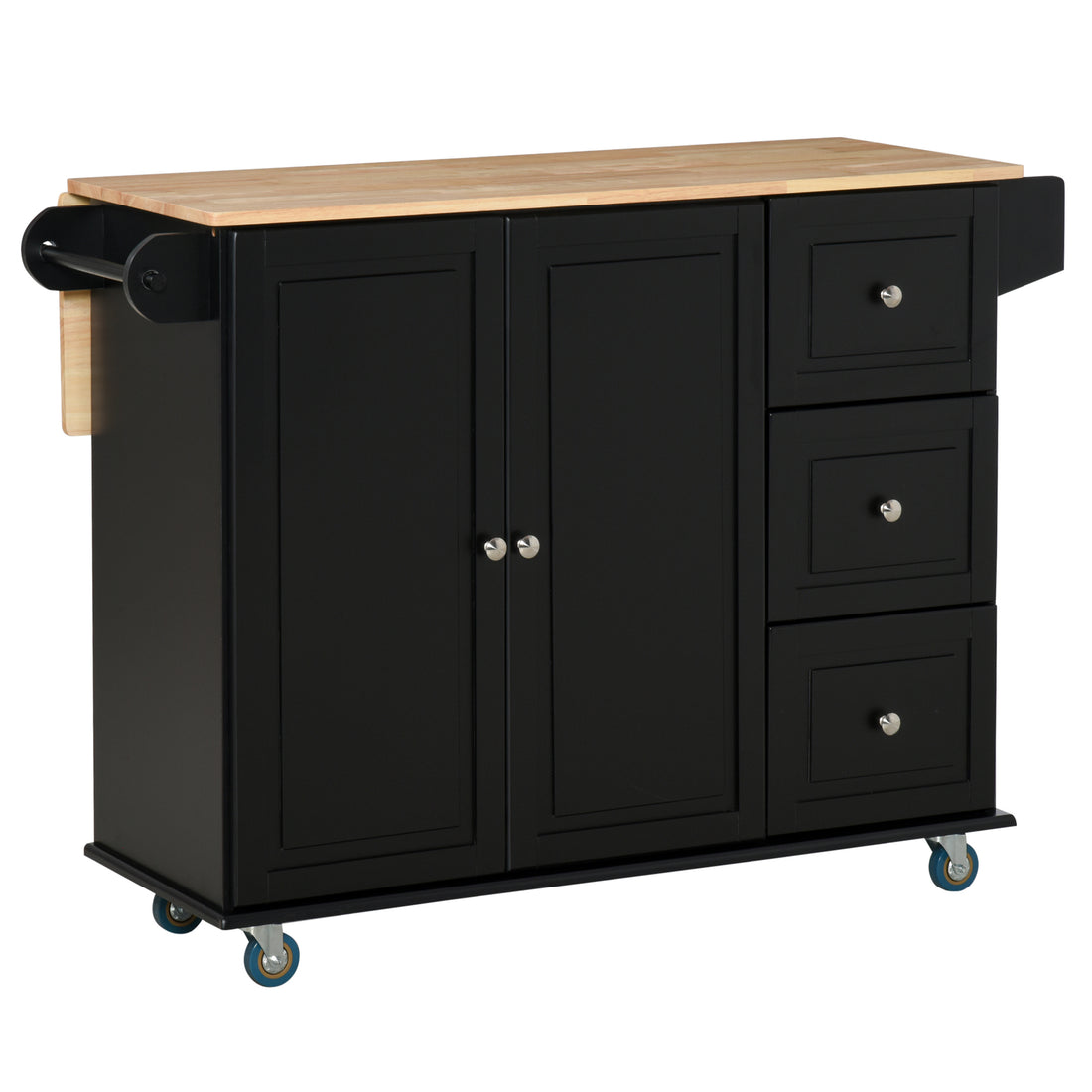 Mobile Kitchen Island With Drop Leaf, Storage Trolley Cart On Wheels, Towel Spice Rack, 3 Drawers, 2 Door Cabinet, Black Black Mdf