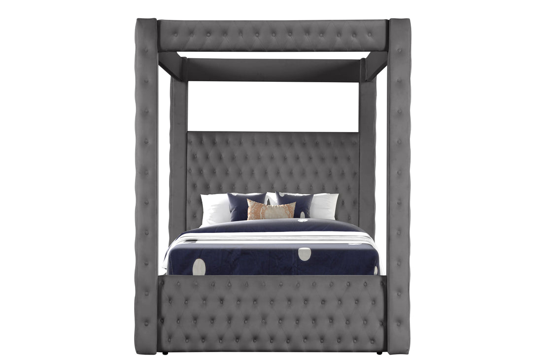 Monica Luxurious Four Poster Queen Bed Made With Wood In Gray Box Spring Not Required Queen Gray Wood Bedroom Modern Upholstered Velvet Wood