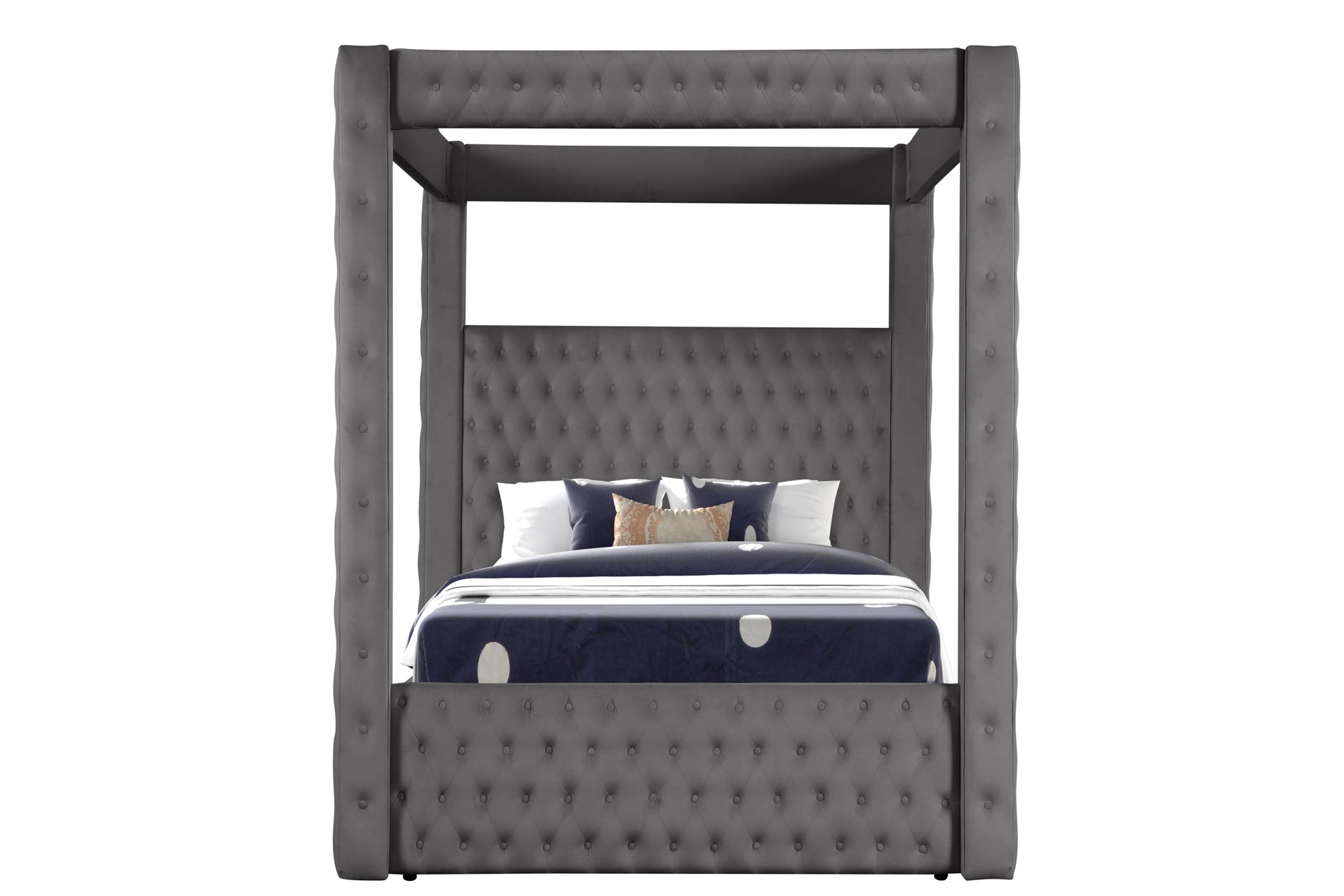 Monica Luxurious Four Poster Queen Bed Made With Wood In Gray Box Spring Not Required Queen Gray Wood Bedroom Modern Upholstered Velvet Wood