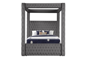 Monica Luxurious Four Poster Queen Bed Made With Wood In Gray Box Spring Not Required Queen Gray Wood Bedroom Modern Upholstered Velvet Wood