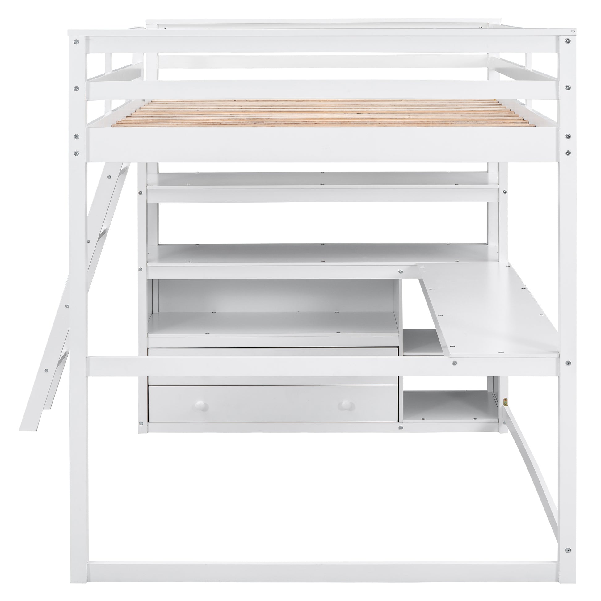 Full Size Loft Bed With Desk And Shelves,Two Built In Drawers,White Old Sku: Sm000416Aak Box Spring Not Required Full White Wood Bedroom Pine