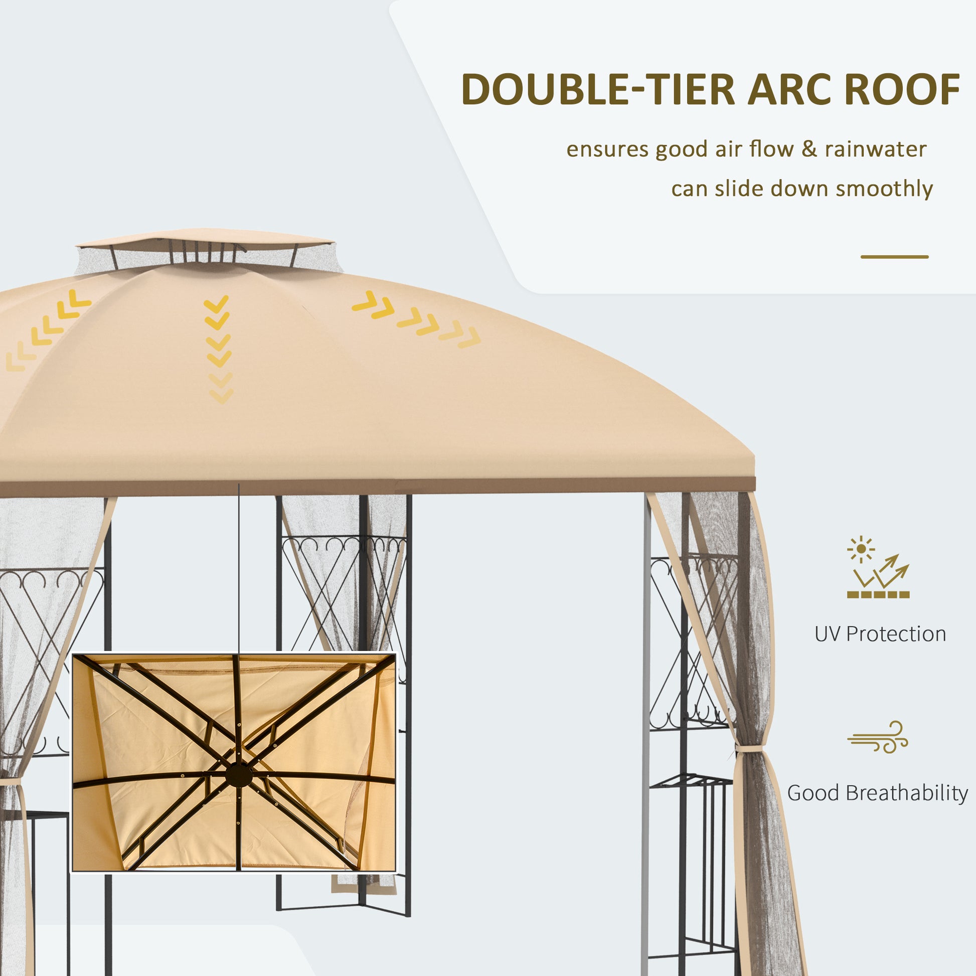 10' X 10' Patio Gazebo With Corner Shelves, Double Roof Outdoor Gazebo Canopy Shelter With Removable Mesh Netting, For Garden, Lawn, Backyard And Deck, Beige Beige Steel