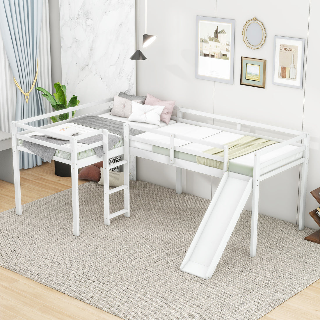 L Shaped Twin Size Loft Bed With Ladder And Slide, White White Solid Wood Mdf