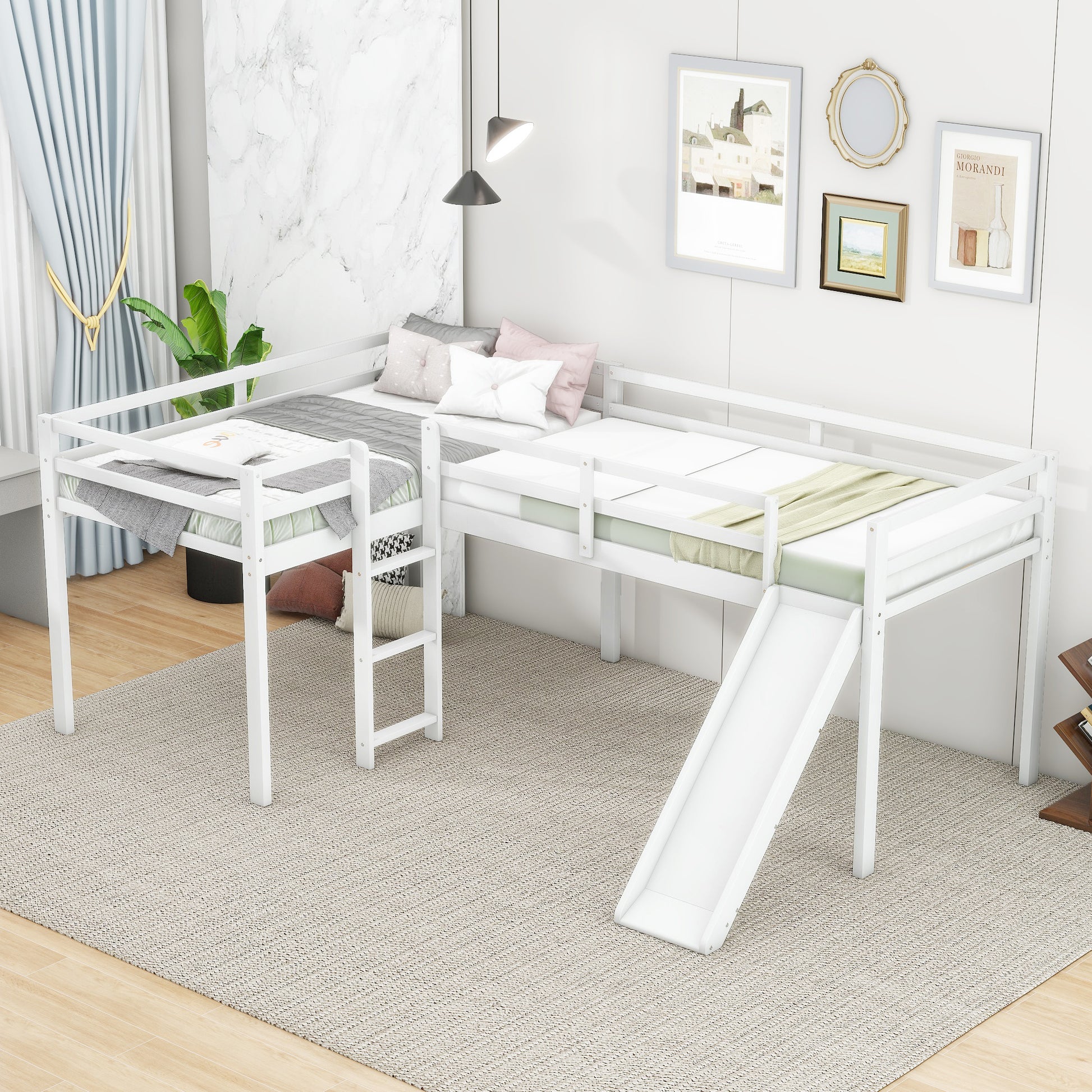L Shaped Twin Size Loft Bed With Ladder And Slide, White White Solid Wood Mdf