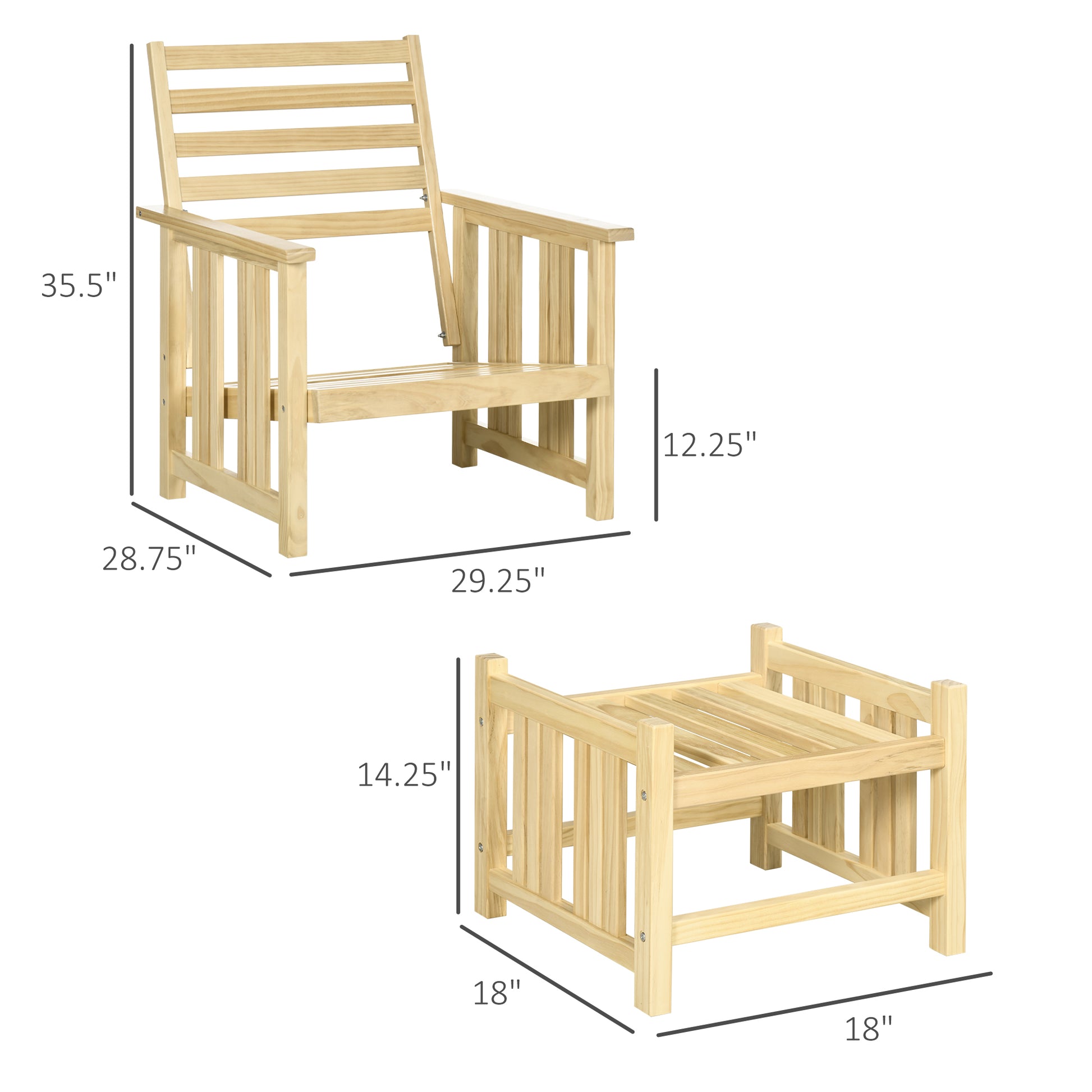 Patio Furniture Set, Wood Outdoor Patio Chair With Ottoman, 2 Piece Cushioned Outdoor Lounge Chair, Sofa Chair With Footrest, Beige Natural Wood