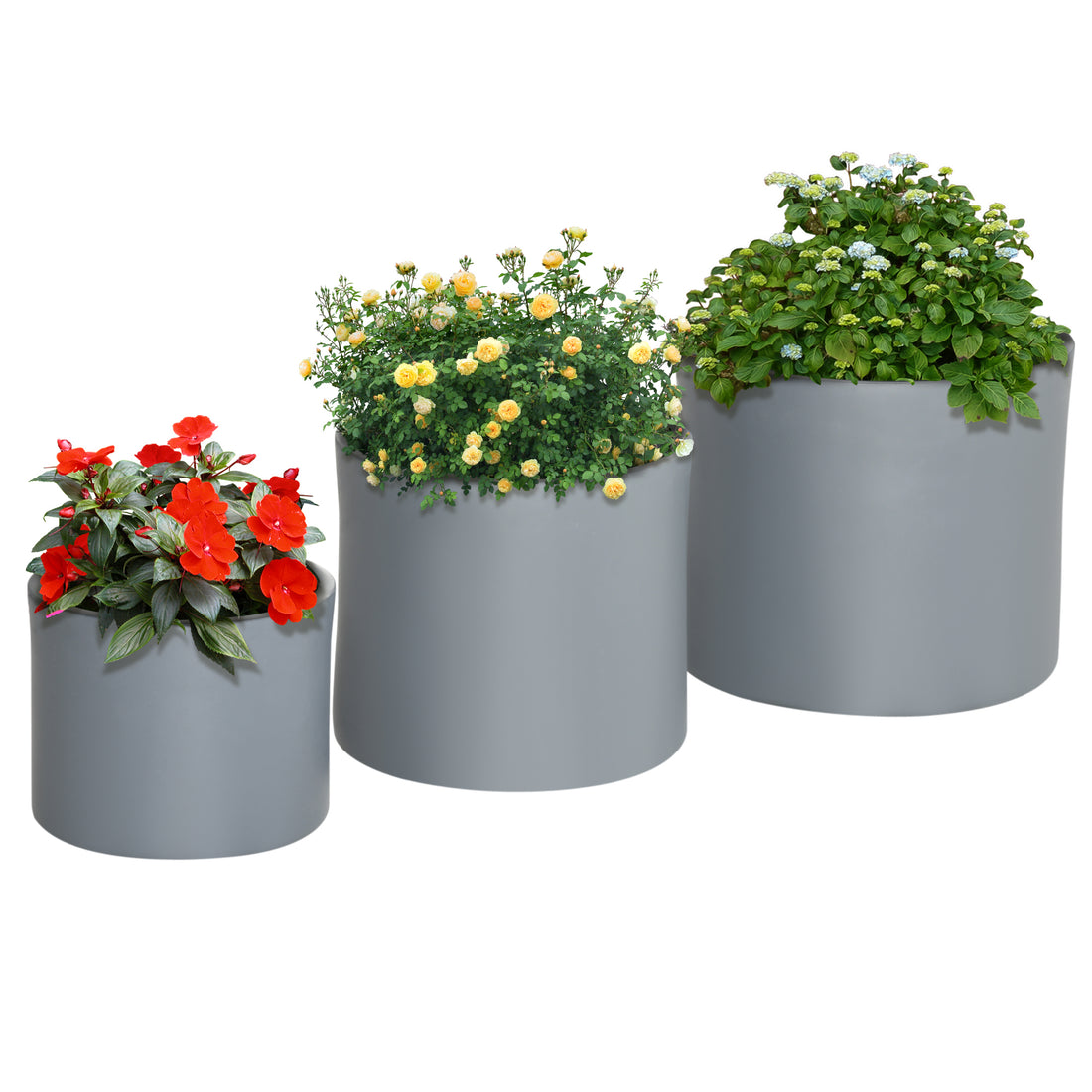 Set Of 3 Outdoor Planter Set, 13 11.5 9In, Mgo Flower Pots With Drainage Holes, Outdoor Ready & Stackable Plant Pot For Indoor, Entryway, Patio, Yard, Garden Dark Gray Magnesium Oxide