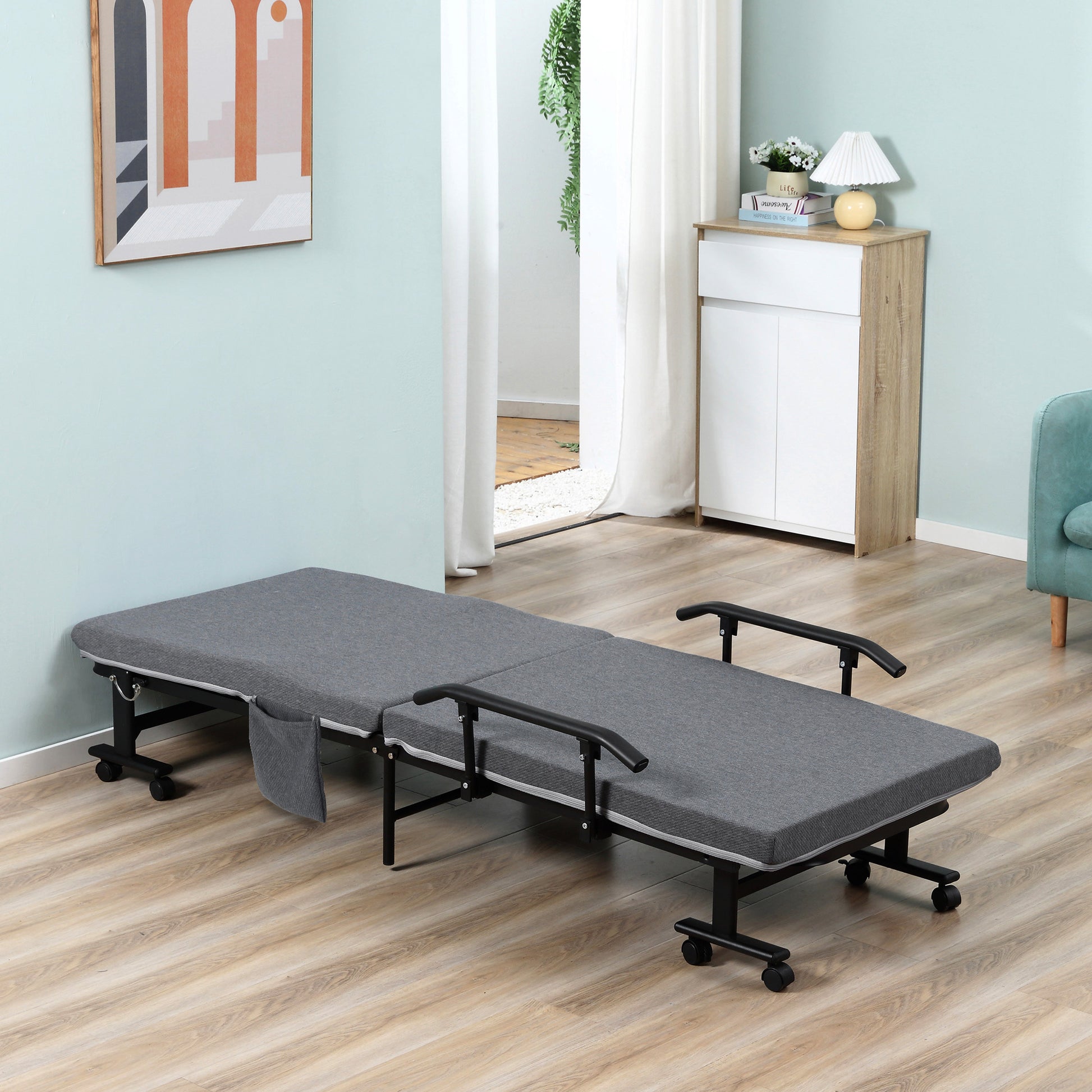 Rollaway Bed, Folding Bed With 3.25" Mattress, Portable Foldable Guest Bed With Adjustable Backrest, And Metal Frame On Wheels, Dark Grey Dark Grey Steel