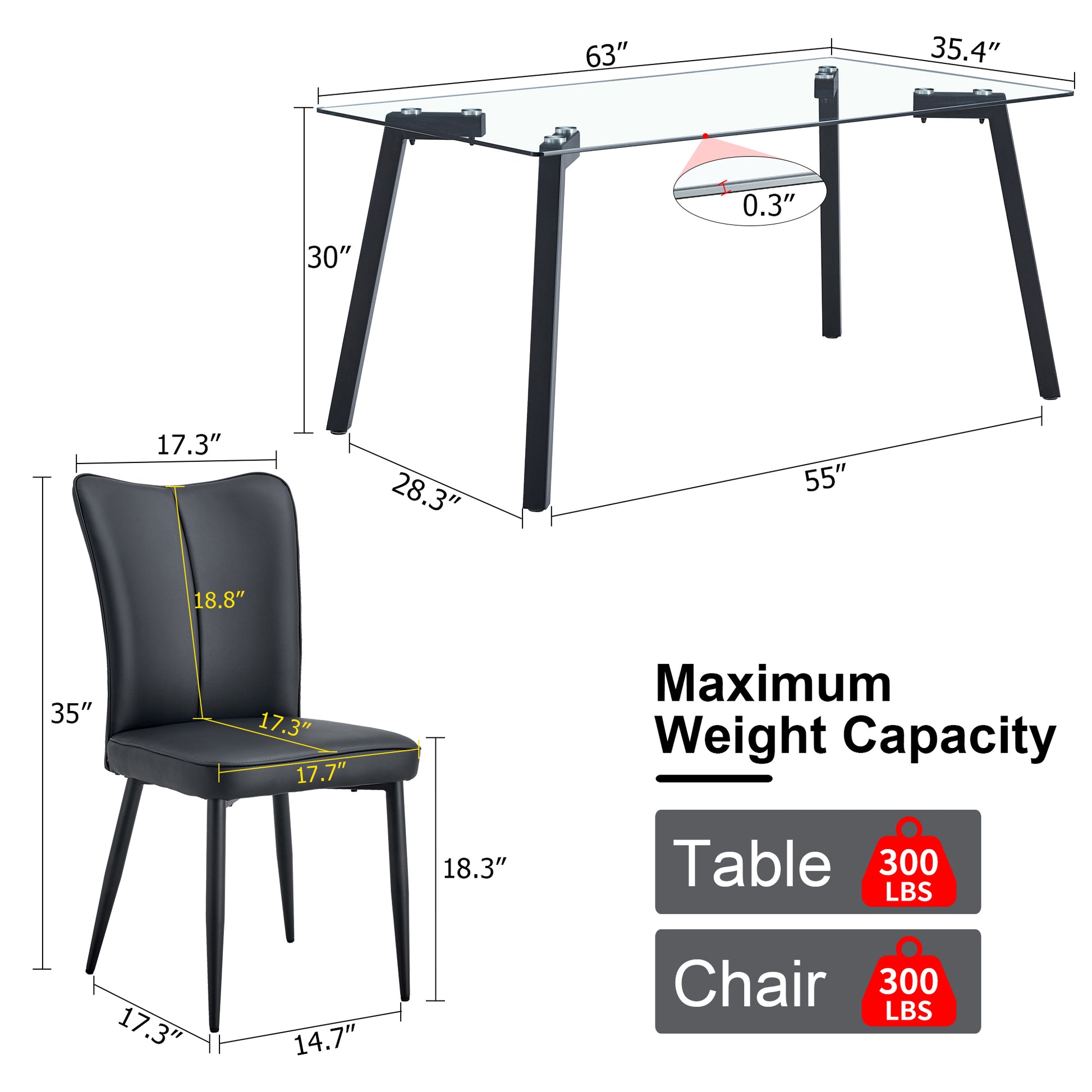 Table And Chair Set. 1 Table And 6 Black Chairs. Glass Dining Table With 0.31 Inch Tempered Glass Tabletop And Black Coated Metal Legs. Equipped With Black Pu Chairs 1123 008 Transparent Glass