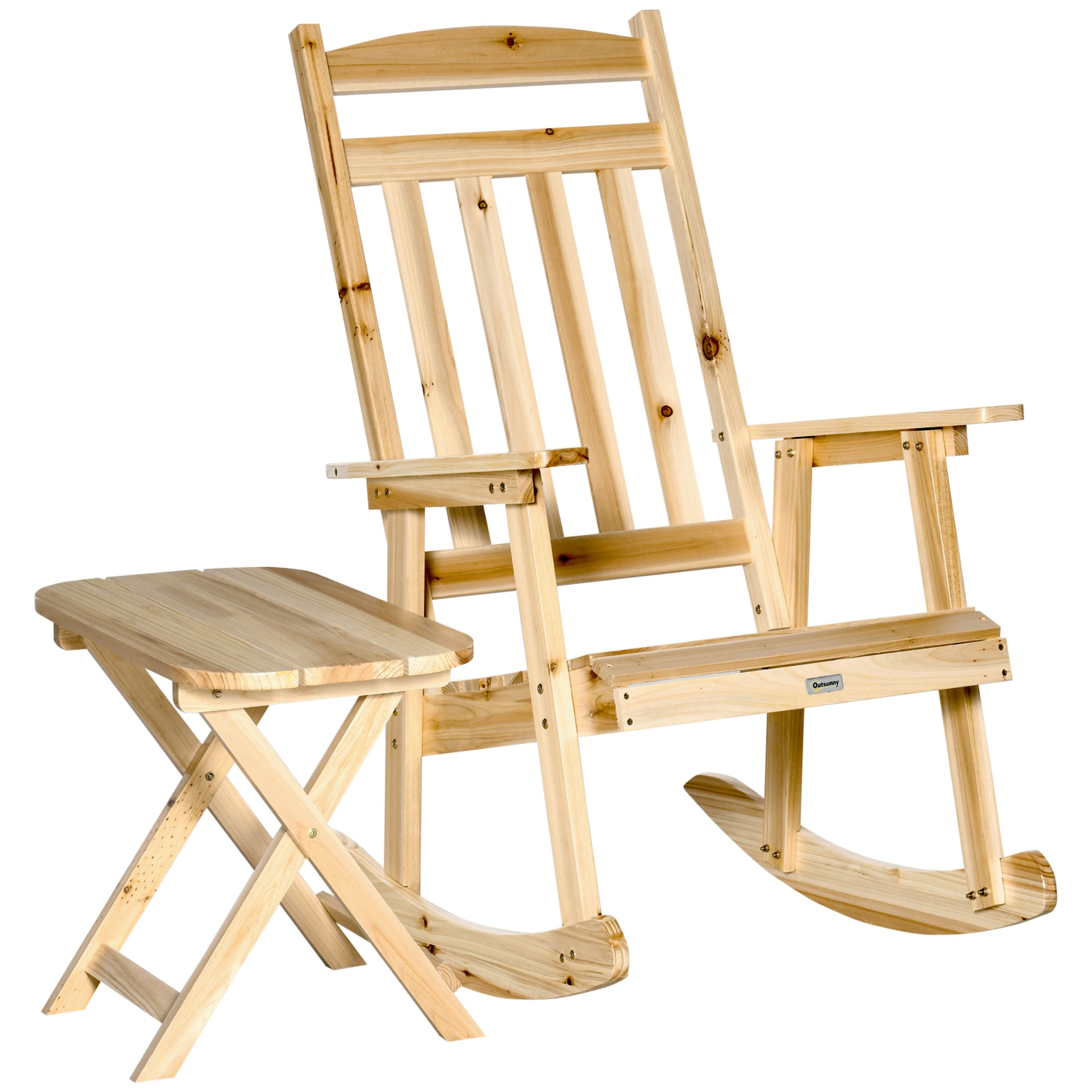 2 Pieces Wood Patio Bistro Set, Outdoor Rocking Chair Set With Armrests And High Back Rocking Chair And Portable Side Table, For Indoor, Outdoor, Patio, Backyard, Natural Natural Wood