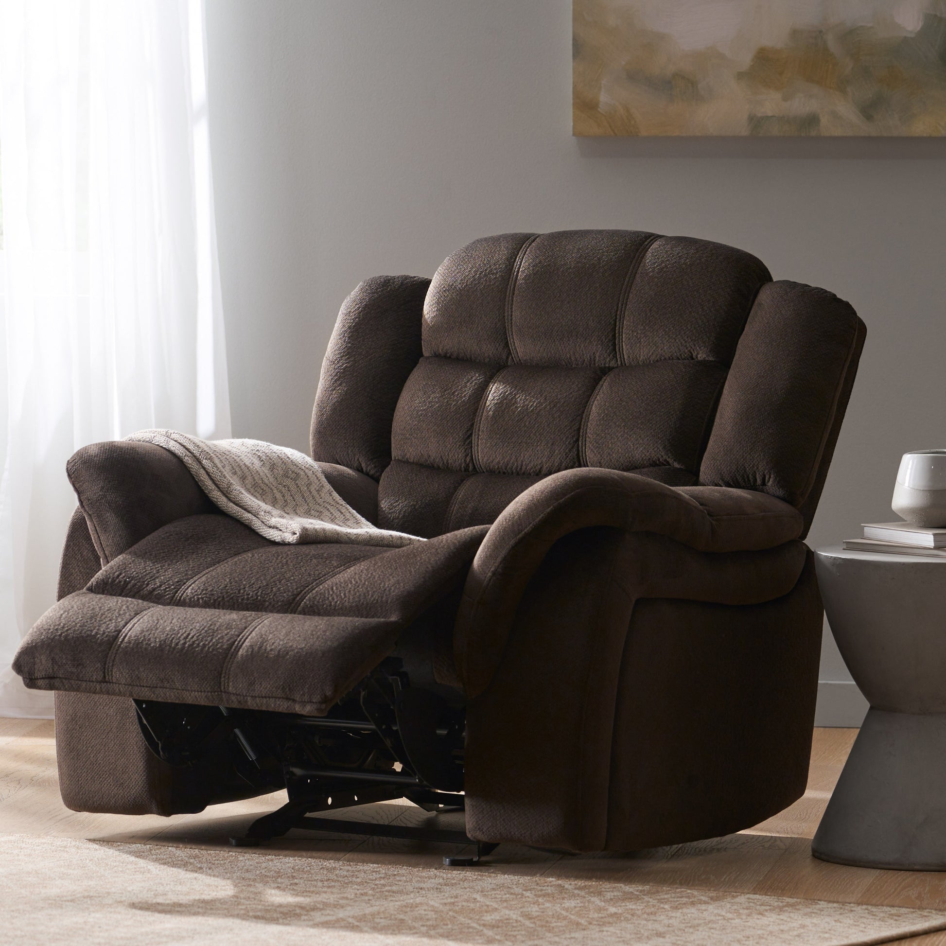 Classic Design, Brown Plush Fabric, Glider Recliner Brown Plush