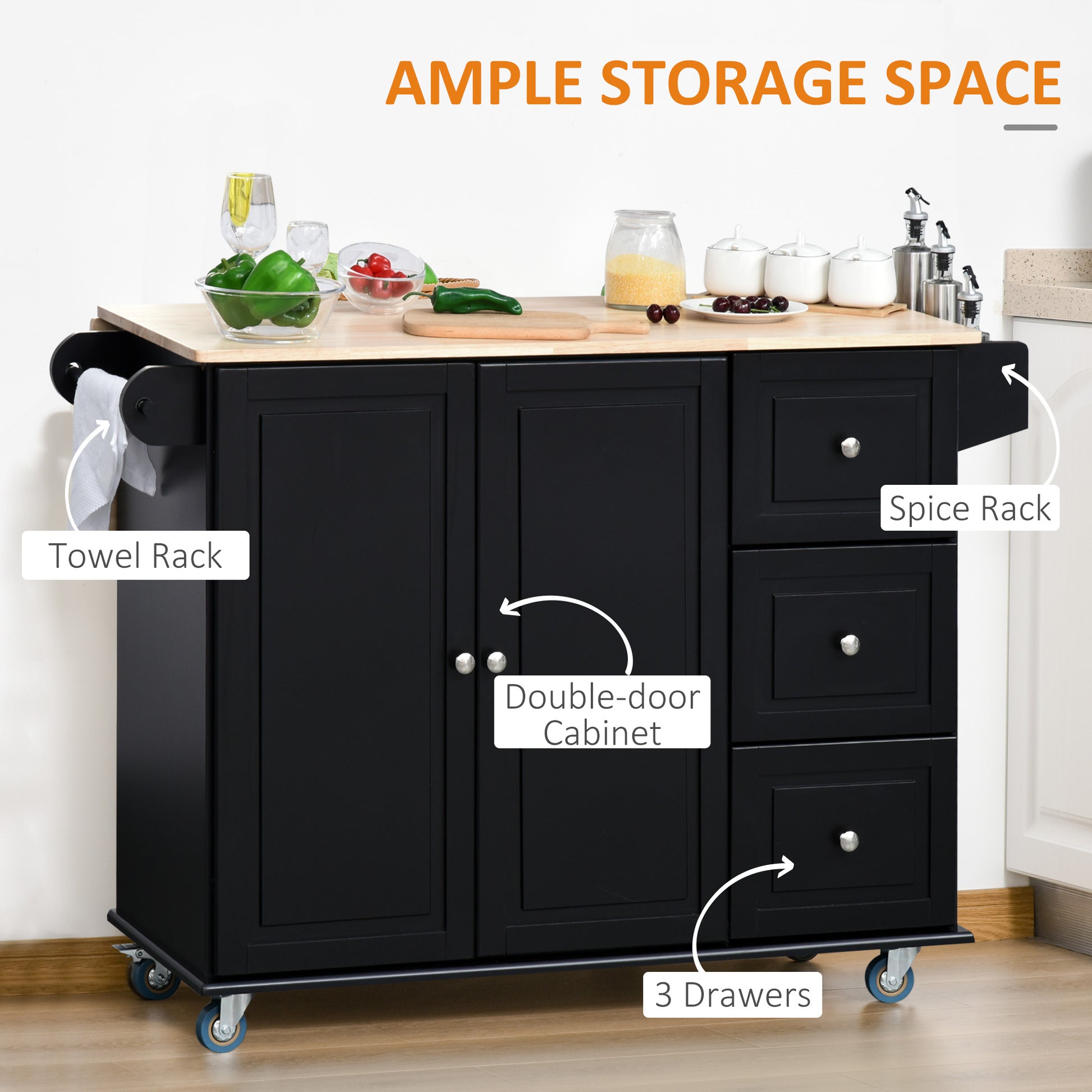 Mobile Kitchen Island With Drop Leaf, Storage Trolley Cart On Wheels, Towel Spice Rack, 3 Drawers, 2 Door Cabinet, Black Black Mdf