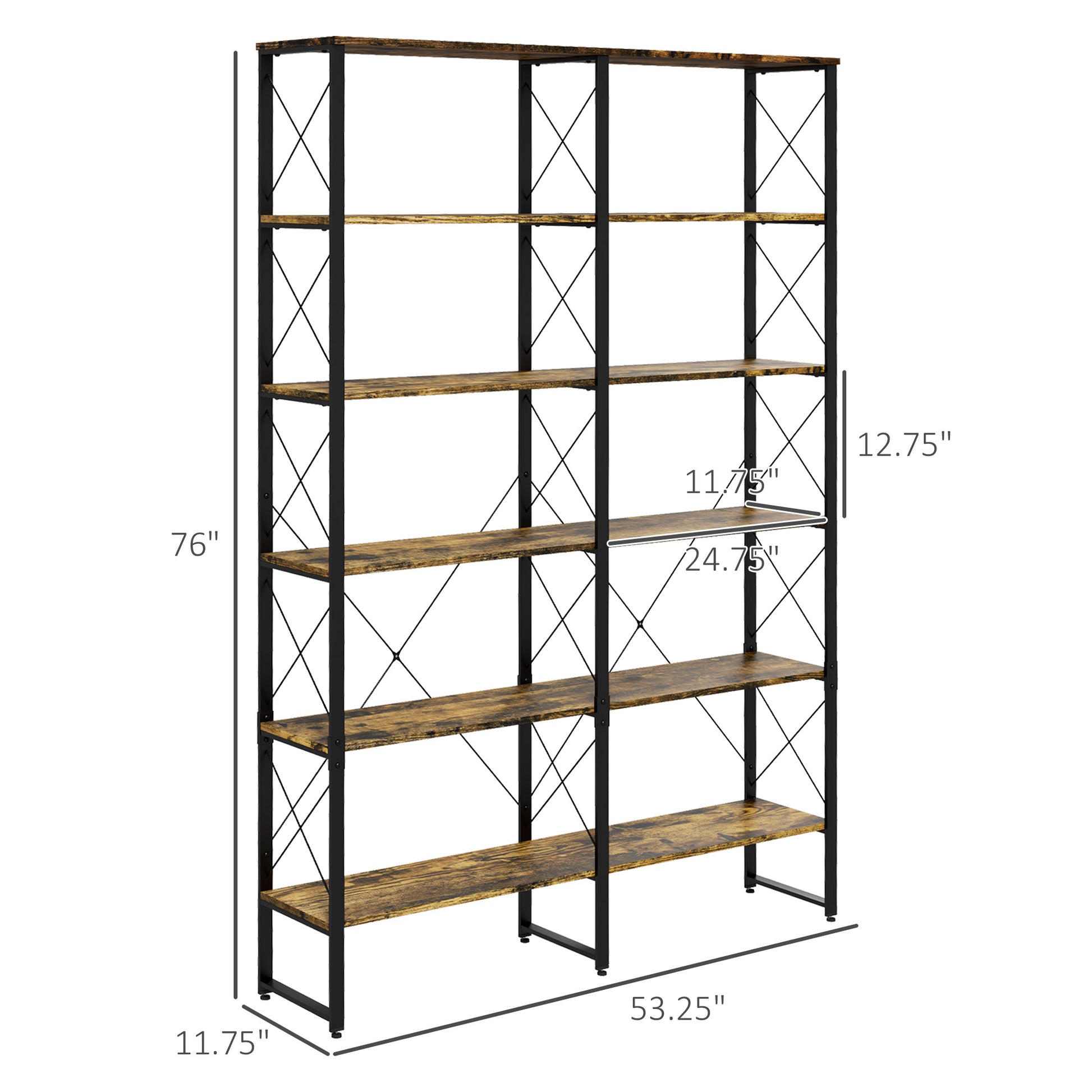 5 Tier Bookshelf With Steel Frame, Bookcase With Adjustable Foot Pads For Living Room, Home Office, Rustic Brown Rustic Brown Particle Board