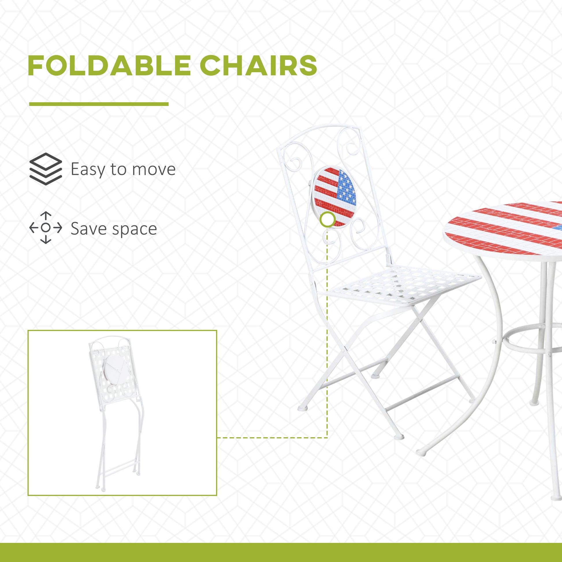 3 Piece Patio Bistro Set, Folding Outdoor Furniture With Usa Mosaic Table And Chairs, Portable Metal Frames For 4Th Of July, Balcony, Backyard, Poolside, Porch, American Flag White Metal