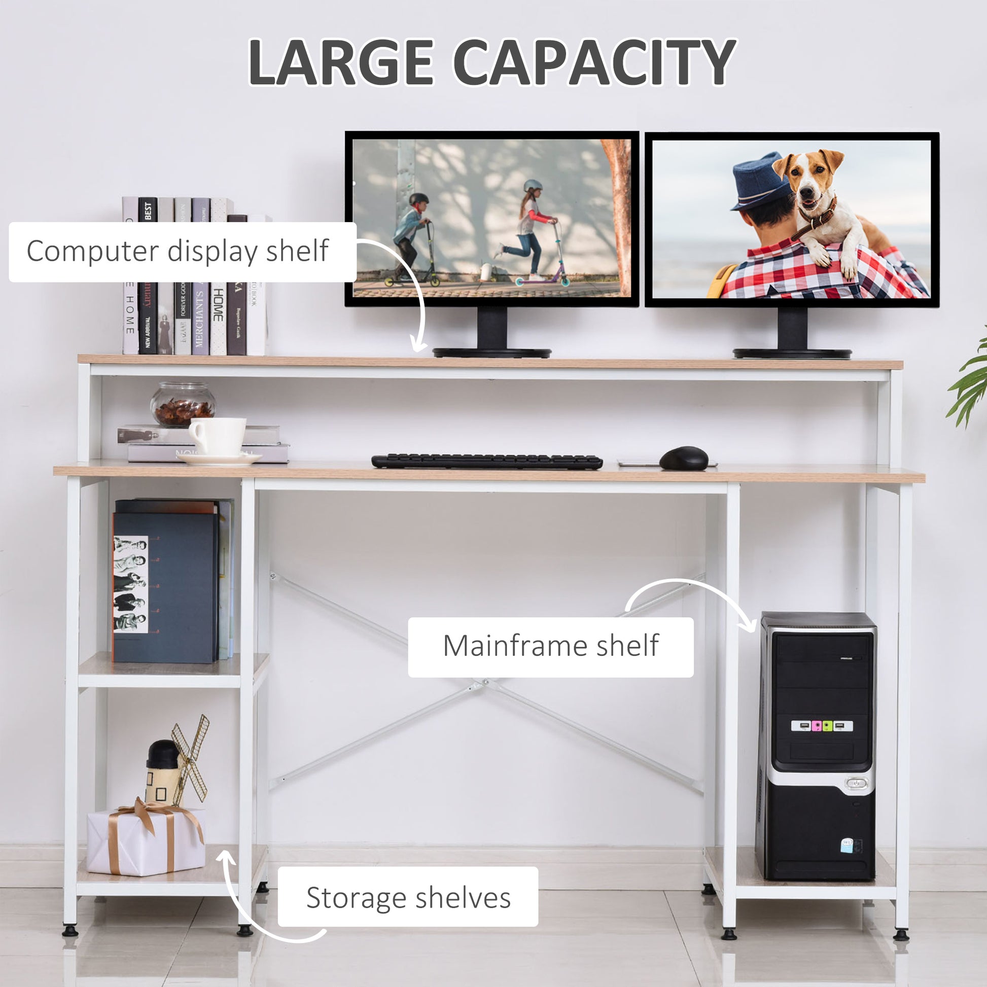 55 Inch Home Office Computer Desk Study Writing Workstation With Storage Shelves, Elevated Monitor Shelf, Cpu Stand, Durable X Shaped Construction, Oak Wood Grain Oak Engineered Wood