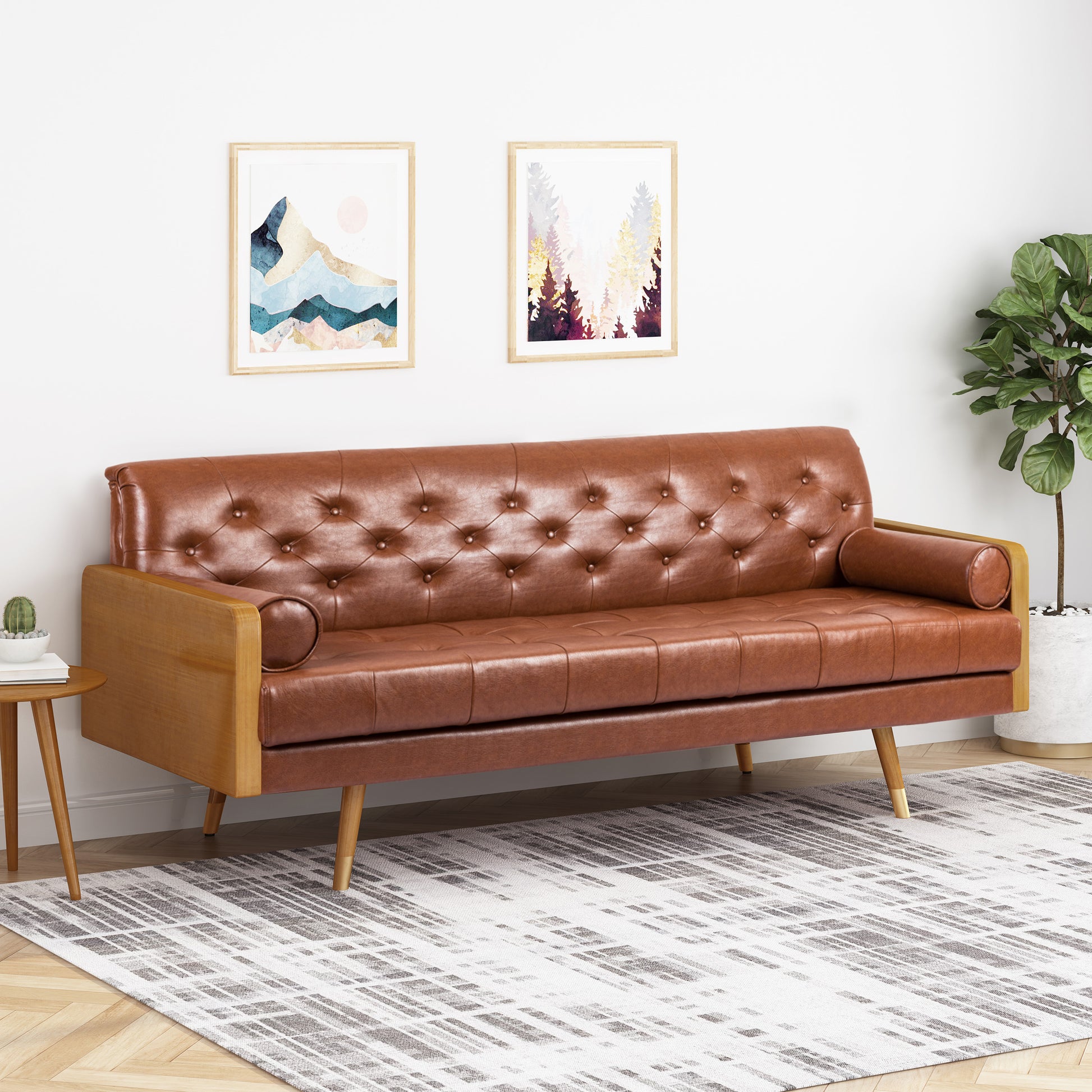 Adelaide Mid Century Modern Tufted Sofa With Rolled Accent Pillows Light Brown Pu