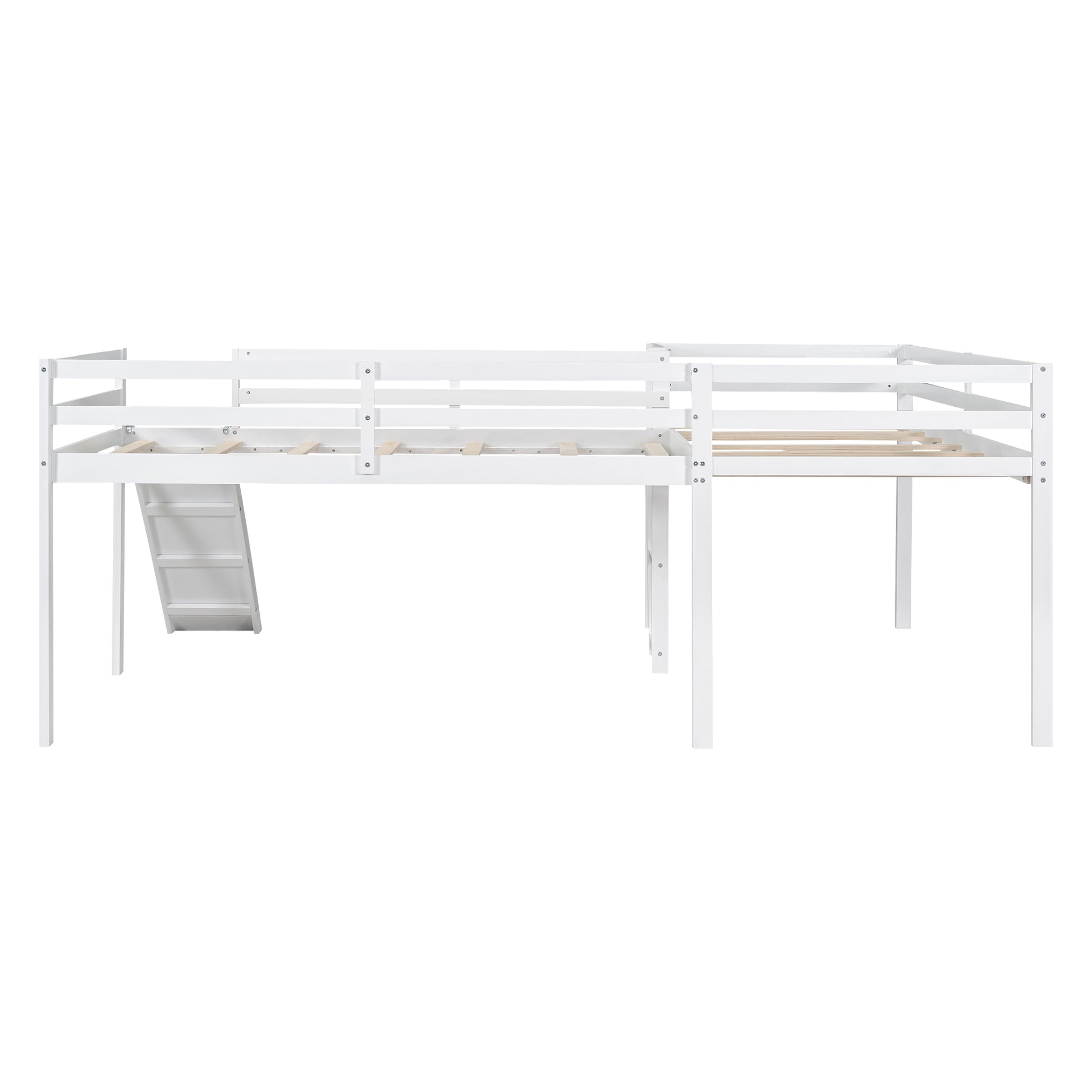L Shaped Twin Size Loft Bed With Ladder And Slide, White White Solid Wood Mdf