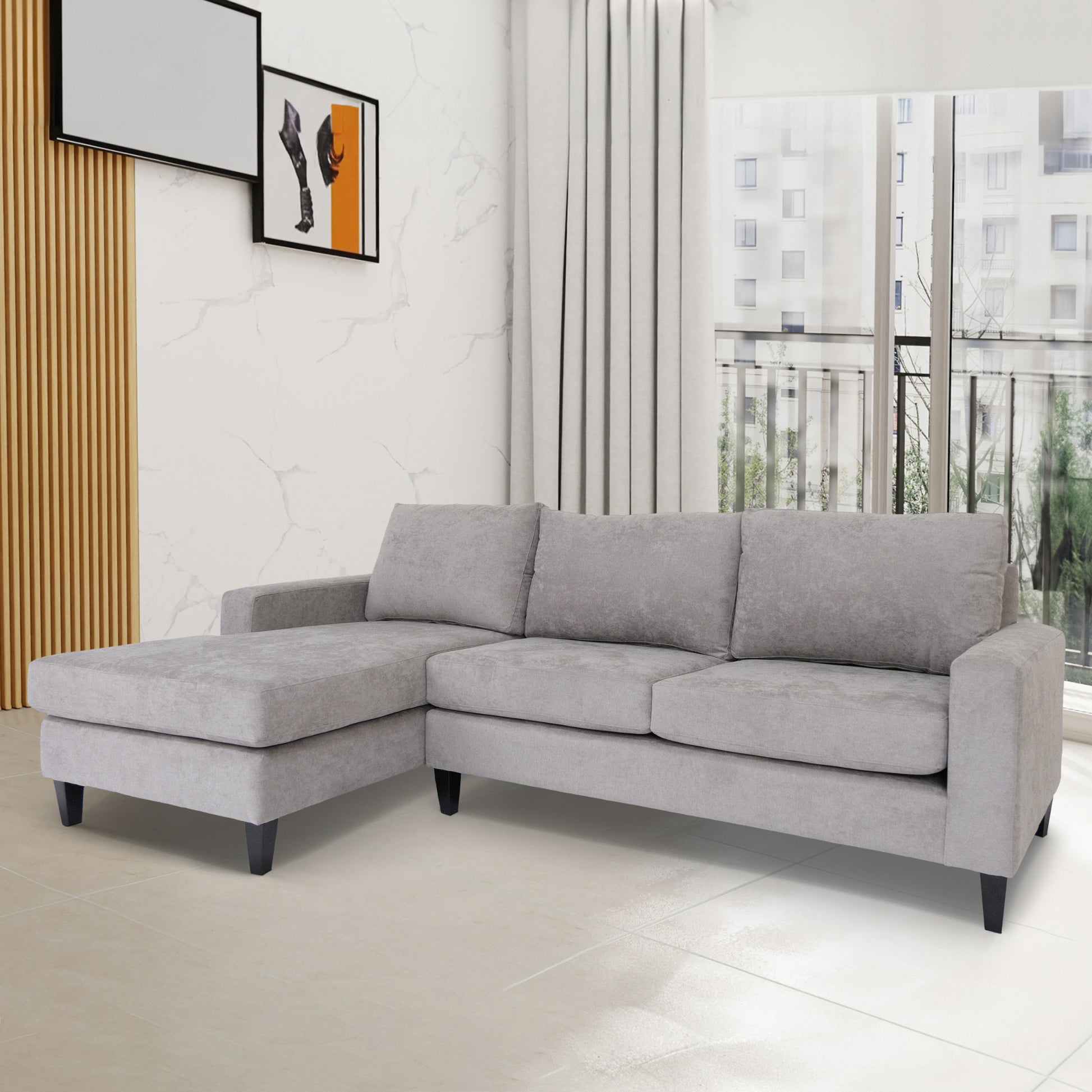 Grey L Shaped Sectional Sofas For Living Room, Modern Sectional Couches For Bedrooms, Apartment With Solid Wood Frame Polyester Nylon, Left Facing Grey Wood Foam Polyester