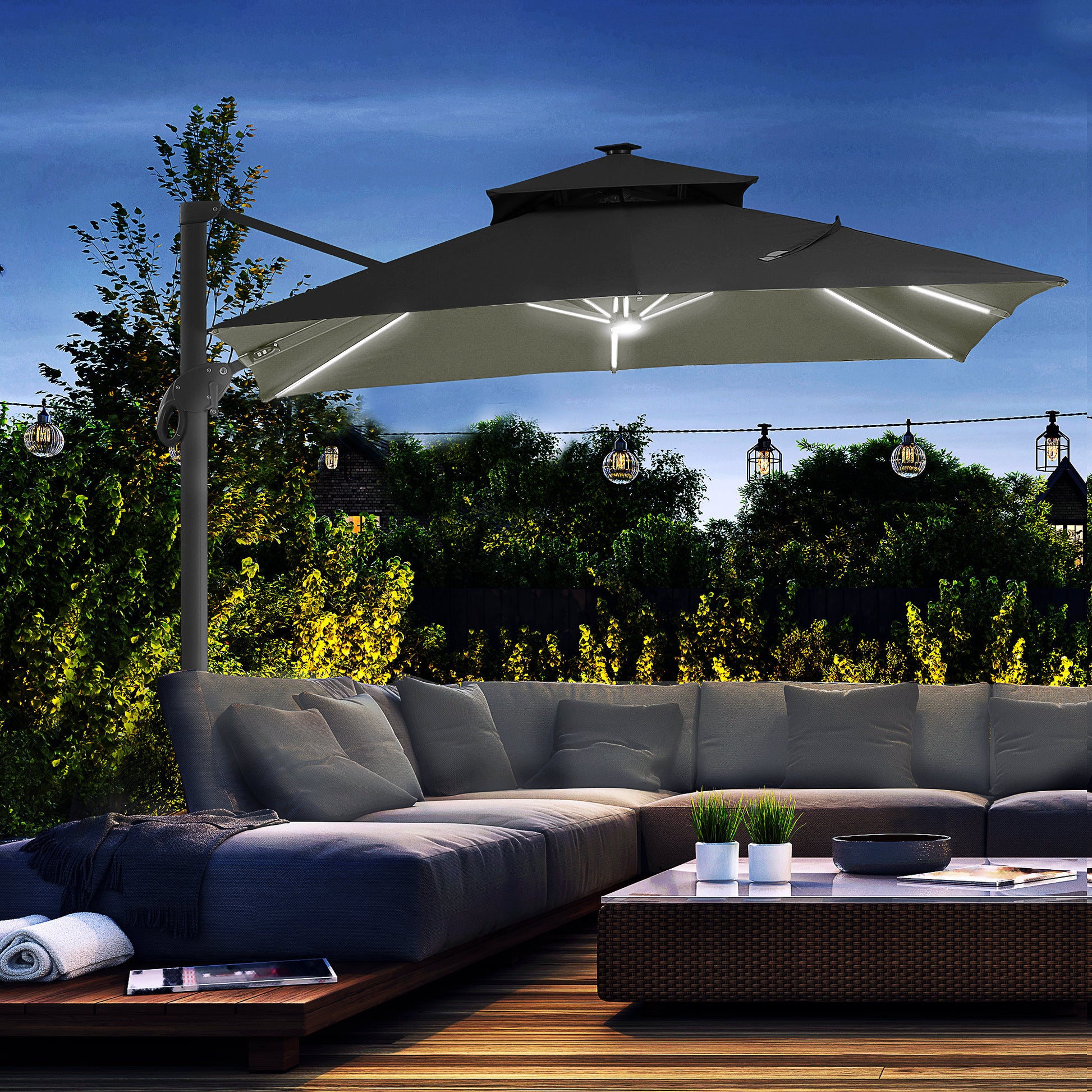 10Ft Cantilever Patio Umbrella With Solar Led Lights, Double Top Square Outdoor Offset Umbrella With 360 Rotation, 4 Position Tilt, Crank & Cross Base For Garden, Deck, Pool, Dark Gray Gray Polyester