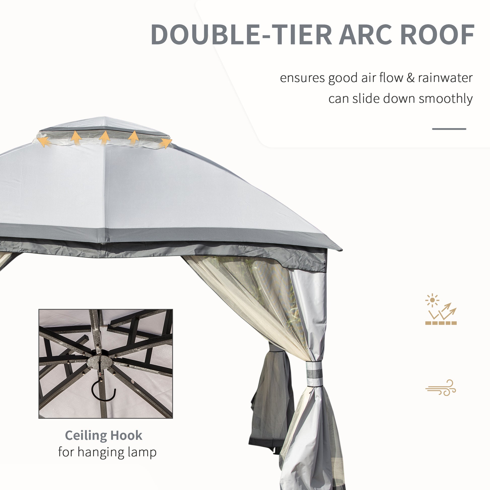 10' X 12' Outdoor Gazebo, Patio Gazebo Canopy Shelter W Double Vented Roof, Zippered Mesh Sidewalls, Solid Steel Frame, Grey Grey Polyester