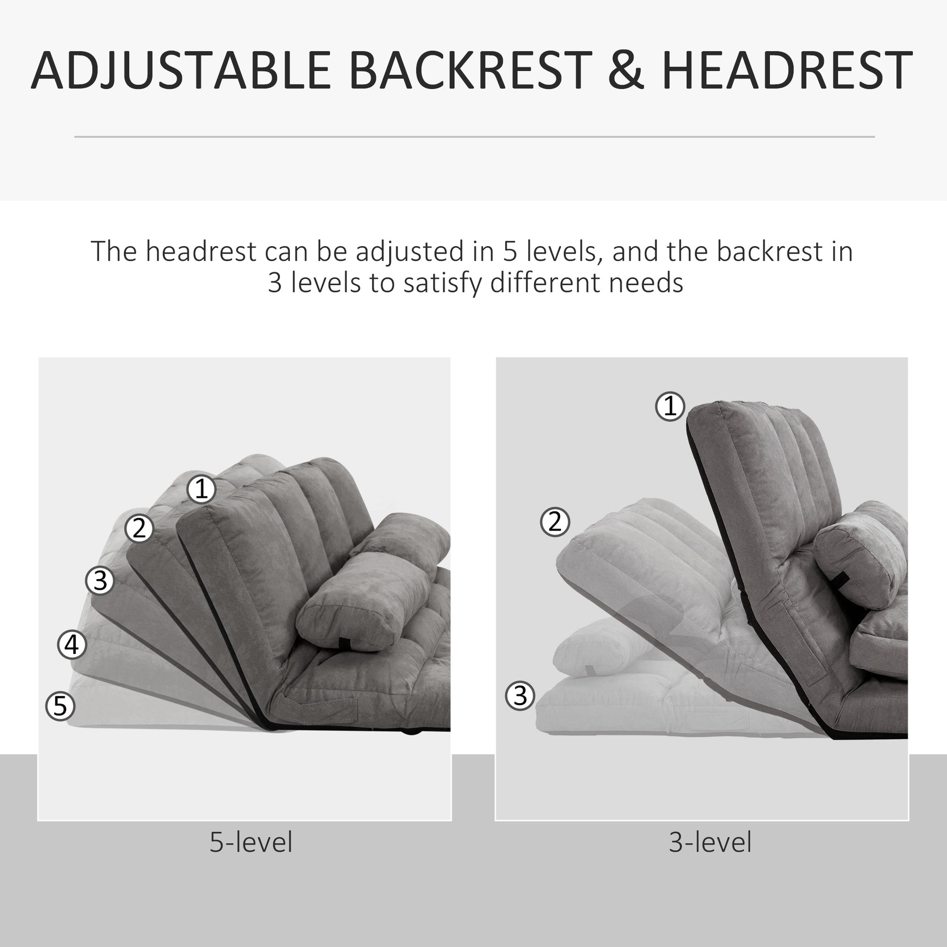 Convertible Floor Sofa Chair, Folding Couch Bed, Guest Chaise Lounge With 2 Pillows, Adjustable Backrest And Headrest, Dark Gray Dark Gray Polyester