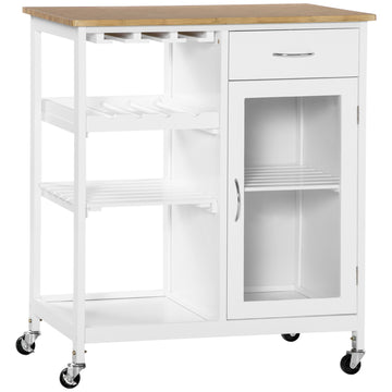 Rolling Kitchen Island With Storage, Kitchen Cart With 4 Bottle Wine Rack, Bar Cart With Stemware Holder, Shelves, Drawer And Cabinet, White White Engineered Wood