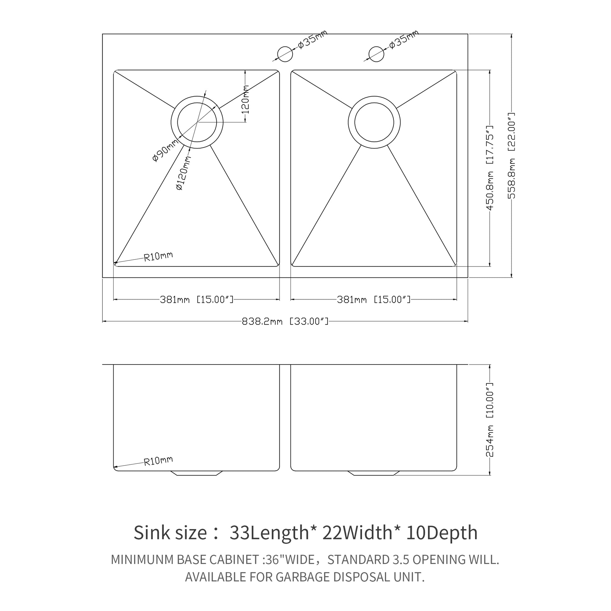 Double Bowl 50 50 Drop In Sink 33"X22"X10" Stainless Steel Kitchen Sink 16 Gauge With Two 10" Deep Basin Brushed Nickel Stainless Steel