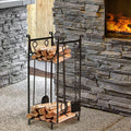 Firewood Rack With Fireplace Tools, Indoor Outdoor Firewood Holder, Flat Bottom With 2 Tiers For Fireplace, Wood Stove, Hearth Or Fire Pit, Black Black Steel