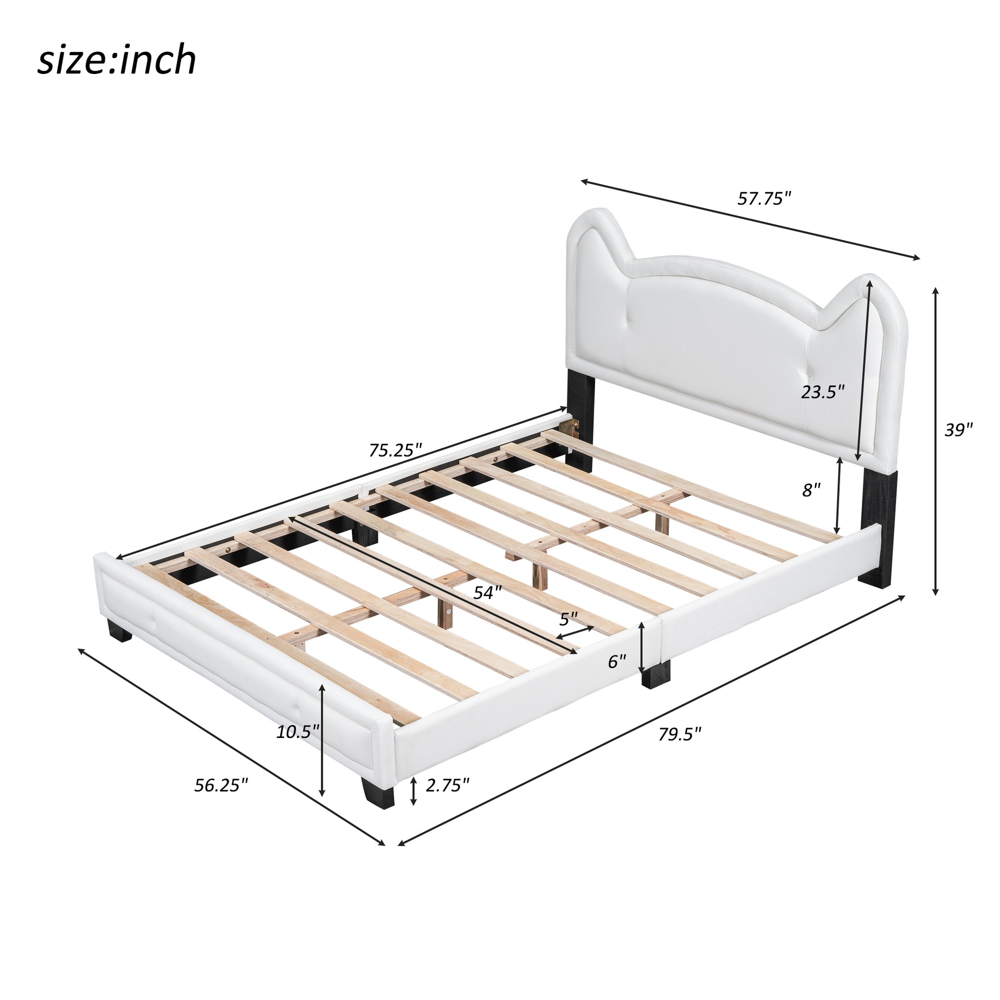 Full Size Upholstered Platform Bed With Carton Ears Shaped Headboard, White Box Spring Not Required Full White Wood Bedroom Bed Frame Faux Leather Upholstered