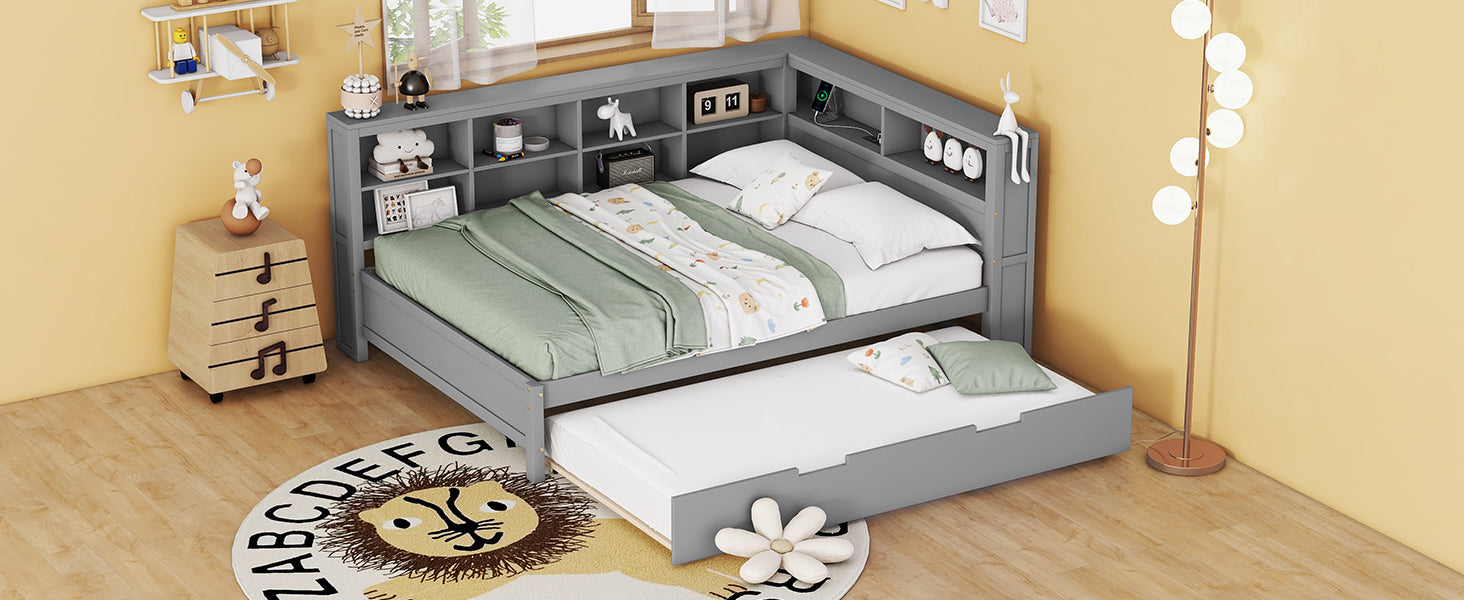 Wooden Full Size Daybed With Twin Size Trundle, Daybed With Storage Shelf And Usb Charging Ports,Grey Full Grey Wood