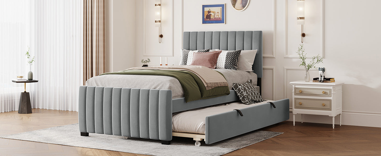 Twin Size Velvet Upholstered Platform Bed With Twin Size Trundle, Gray Gray Upholstered