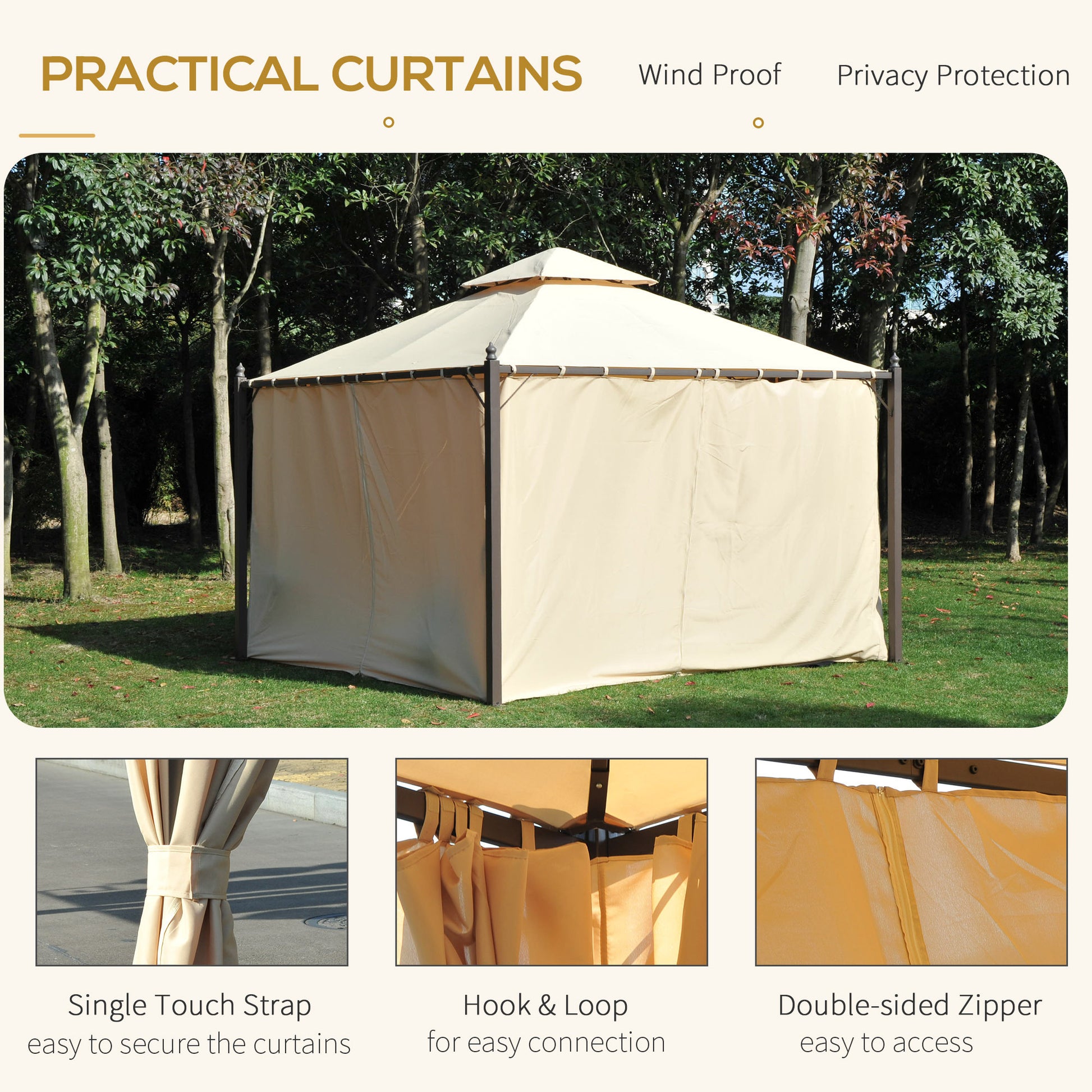 10' X 10' Steel Outdoor Patio Gazebo With Polyester Privacy Curtains, Two Tier Roof For Air, & Large Design Beige Steel