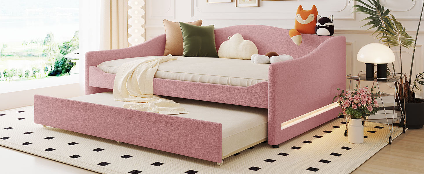 Teddy Fleece Full Size Upholstered Daybed With Light And Trundle, Pink Full Pink Fleece