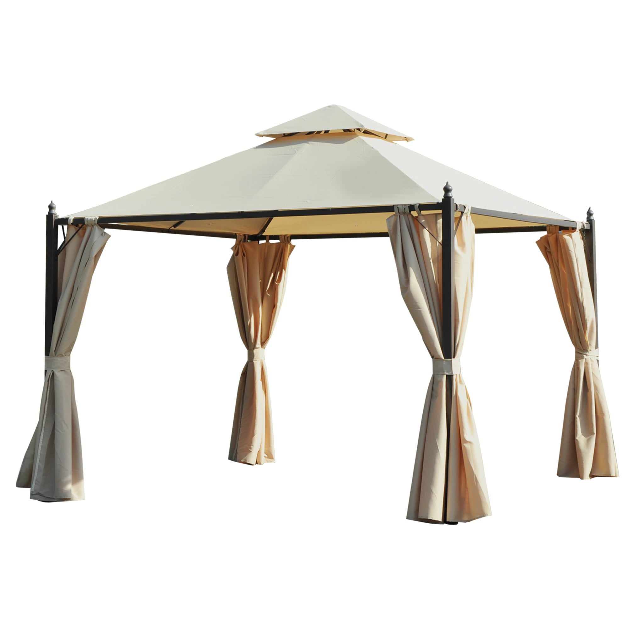 10' X 10' Steel Outdoor Patio Gazebo With Polyester Privacy Curtains, Two Tier Roof For Air, & Large Design Beige Steel