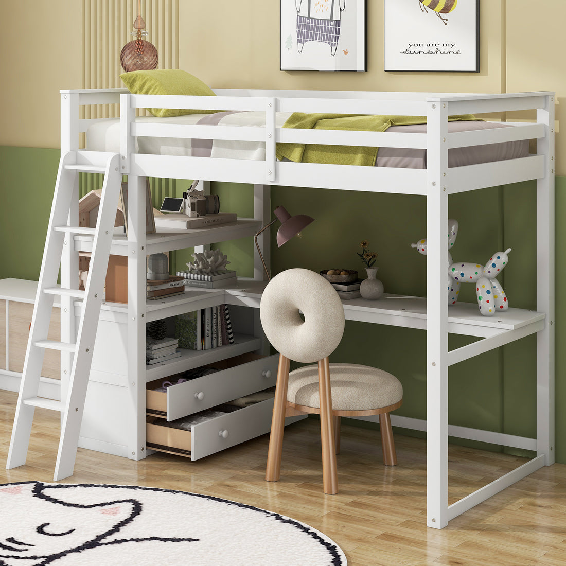 Twin Size Loft Bed With Desk And Shelves, Two Built In Drawers, White Old Sku: Gx000423Aak Box Spring Not Required Twin White Wood Bedroom Pine