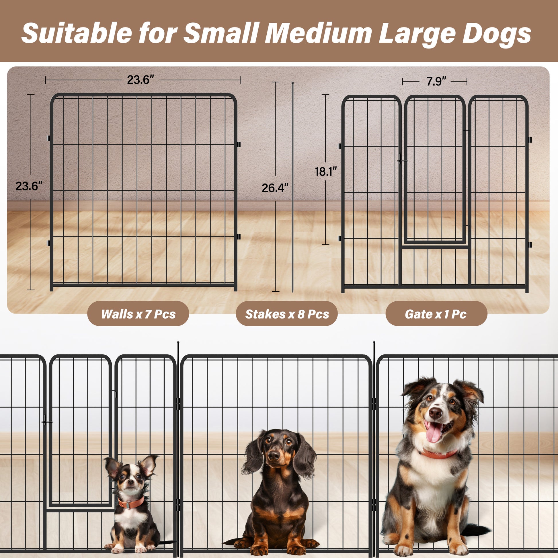 Dog Playpen Indoor Outdoor, 24" Height 8 Panels Fence With Anti Rust Coating, Metal Heavy Portable Foldable Dog Pen For Large, Medium Small Dogs Rv Yard Camping Black Metal