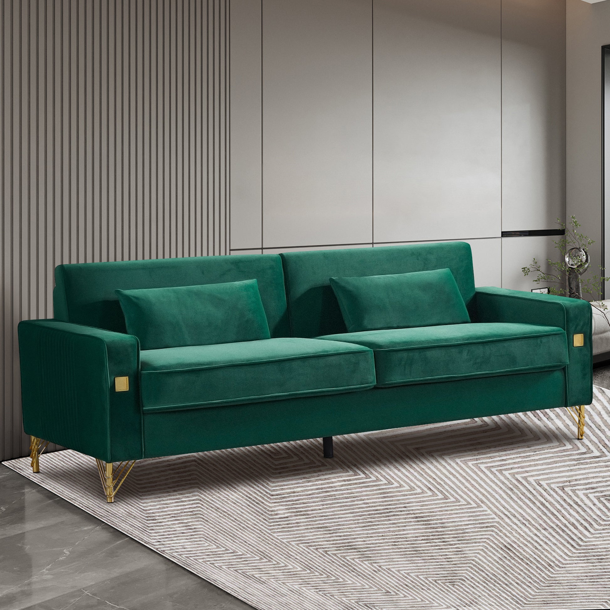 85.44" Modern Velvet Couch With Gold Legs,Upholstered Sofa For Living Room Green Wood Cushion Back Modern Eucalyptus Square Arms Velvet 2 Seat