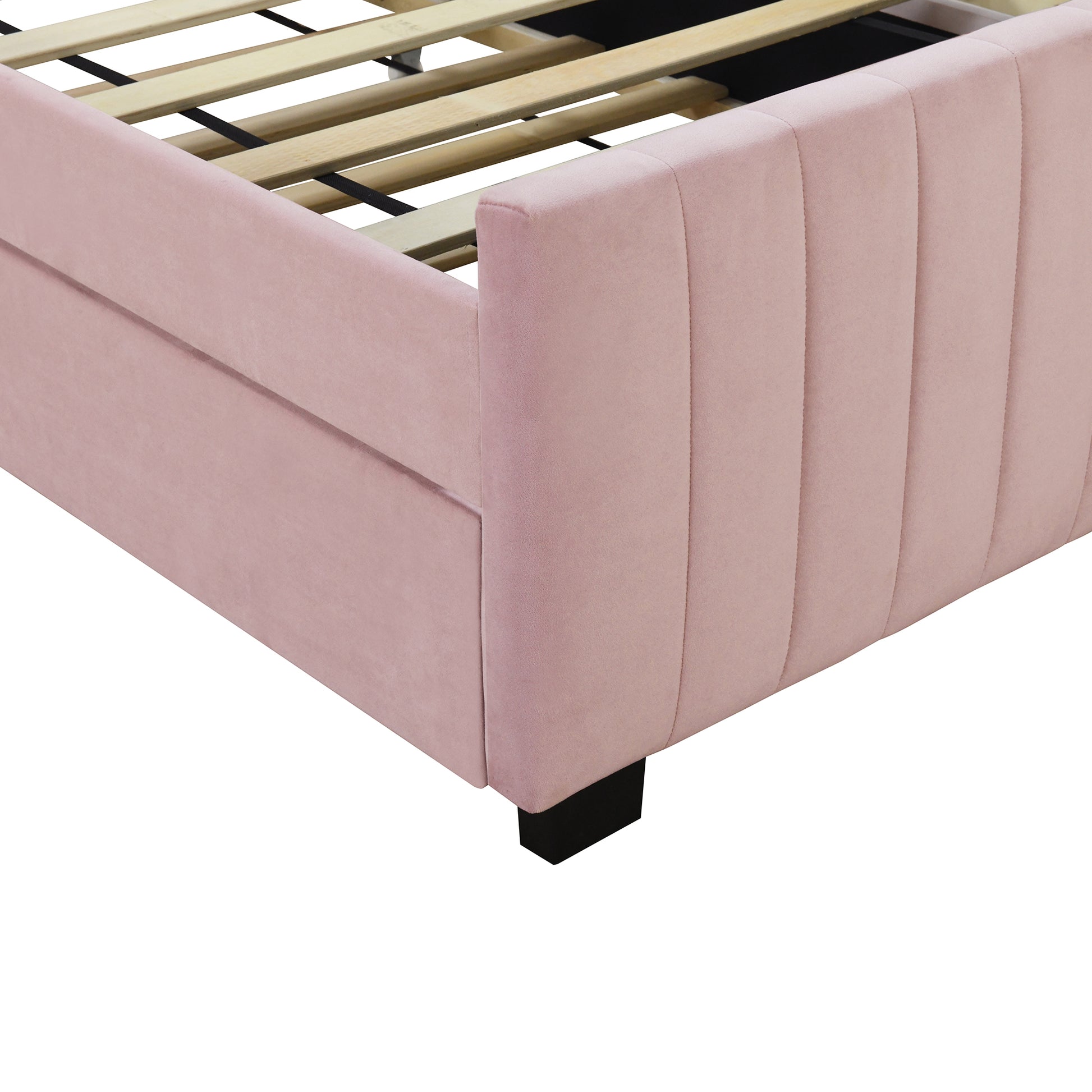 Twin Size Velvet Upholstered Platform Bed With Twin Size Trundle, Pink Pink Upholstered