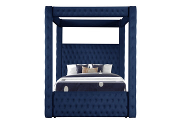 Monica Luxurious Four Poster Queen Bed Made With Wood In Navy Box Spring Not Required Queen Navy Wood Bedroom Modern Upholstered Velvet Wood