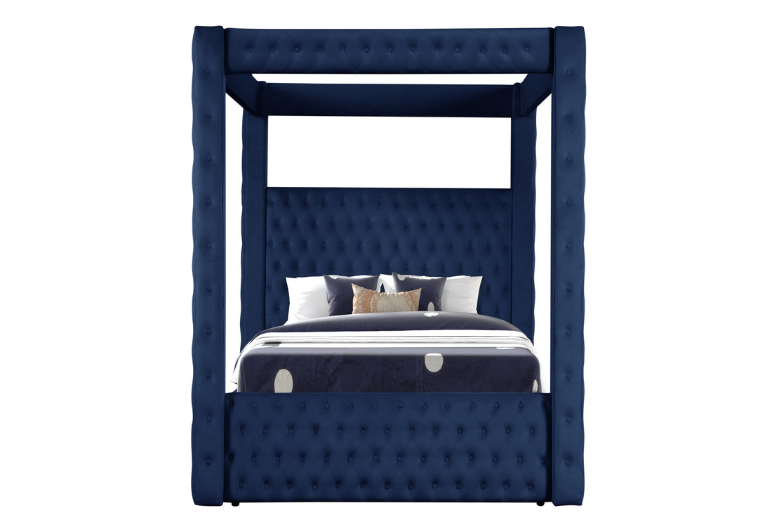 Monica Luxurious Four Poster Queen 5 Pc Bedroom Set Made With Wood In Navy Box Spring Not Required Queen Navy Wood 5 Piece Set Bedroom Bed Included,Chest Included,Dresser Included,Mirror Included,Nightstand Included Modern Upholstered Velvet Tufted Wood