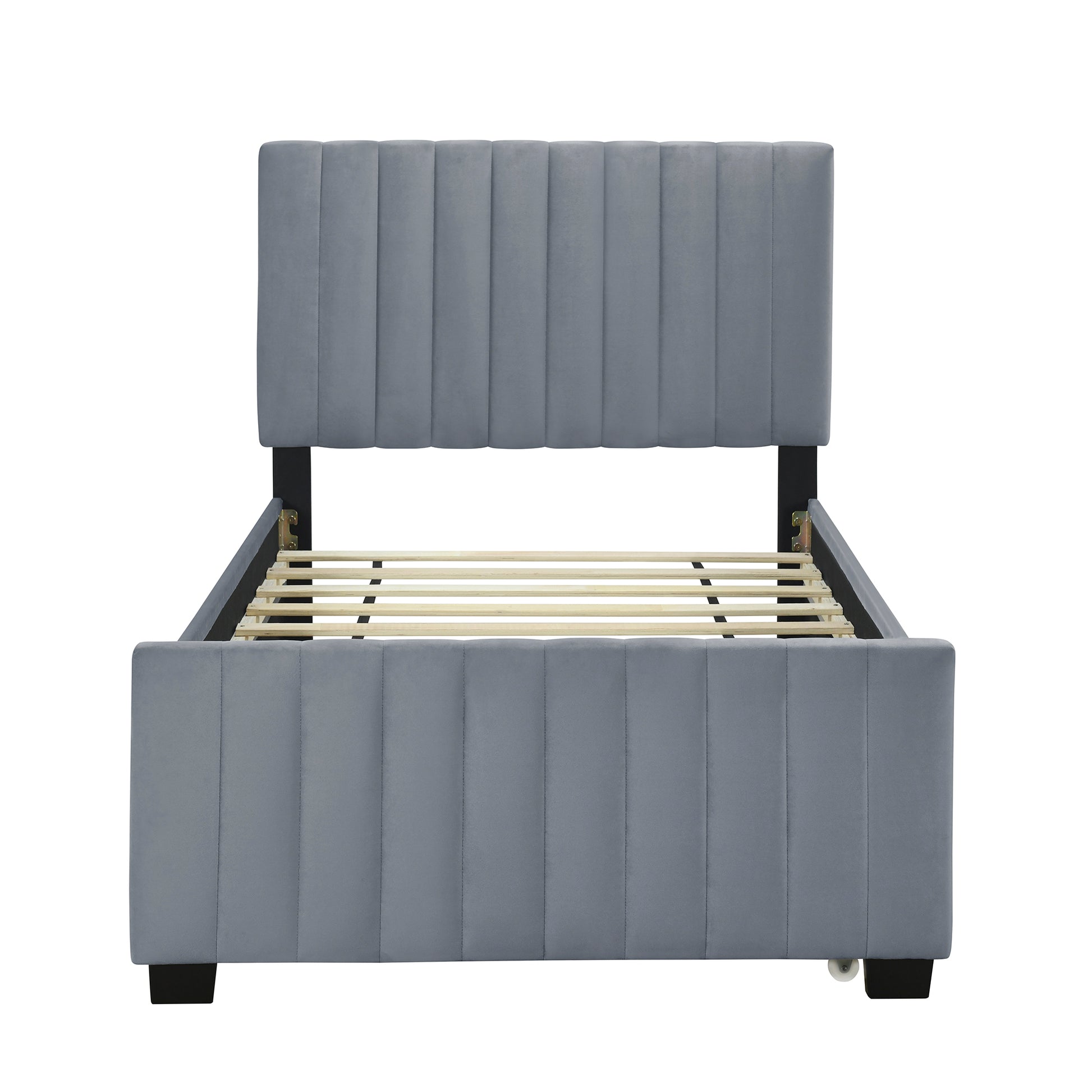 Twin Size Velvet Upholstered Platform Bed With Twin Size Trundle, Gray Gray Upholstered