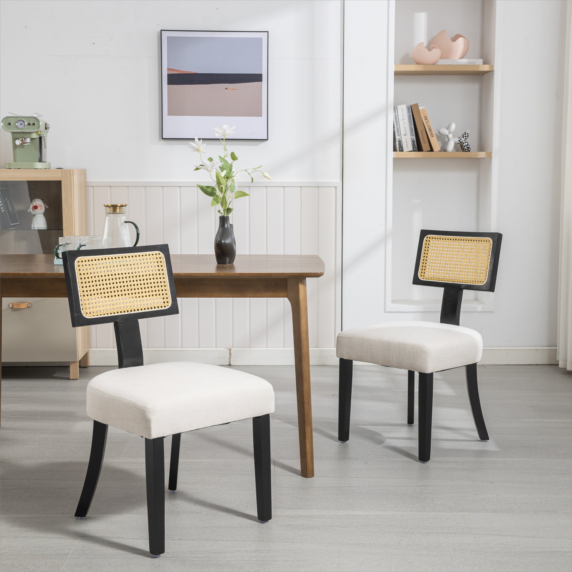 Heng Ming T Back Imitation Rattan Dining Chair, Linen Fabric With Adjustment Mat, Suitable For Kitchen, Dining Room, Balcony, Bedroom,Set Of 2 Beige Fabric