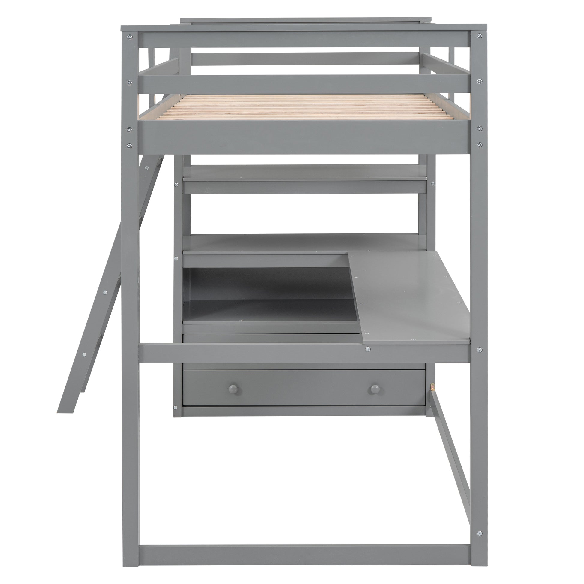 Twin Size Loft Bed With Desk And Shelves, Two Built In Drawers, Gray Old Sku: Gx000423Aae Box Spring Not Required Twin Gray Wood Bedroom Pine