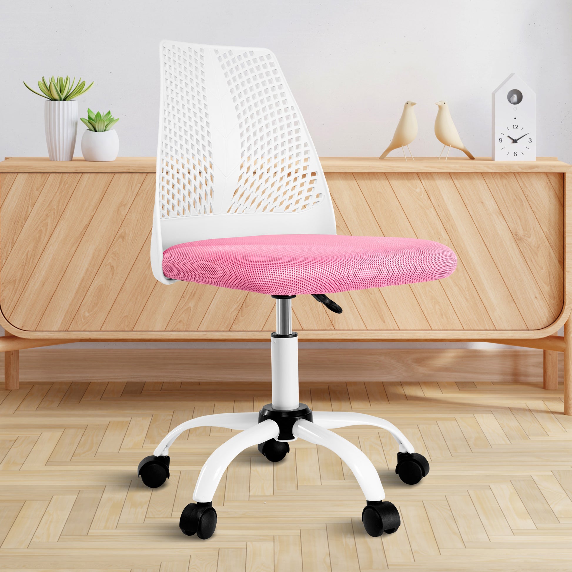 Ergonomic Office And Home Chair With Supportive Cushioning, Pink & White White Pink Nylon Mesh Plastic